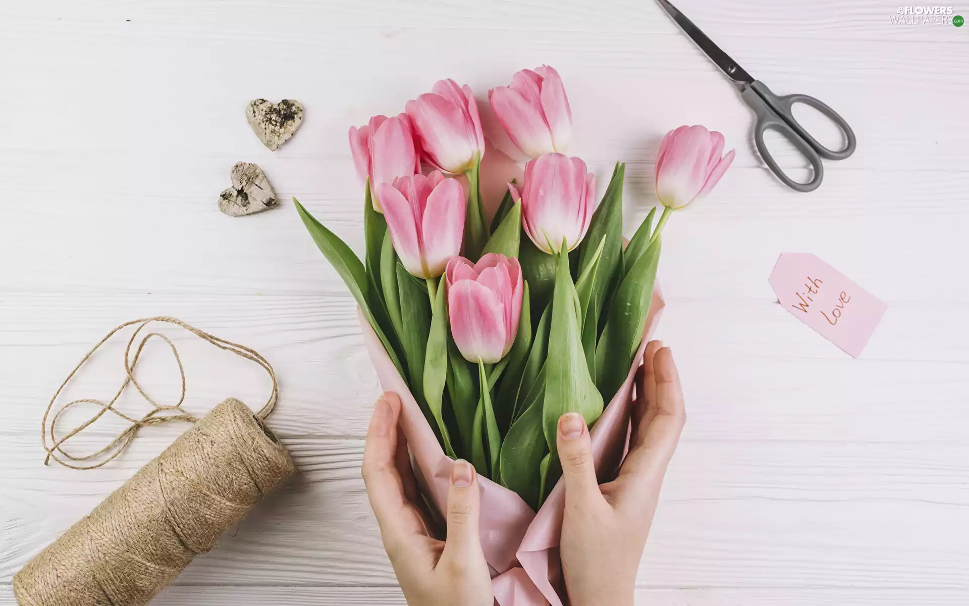 Pink, scissors, boarding, Threads, hearts, Tulips, Flowers, hands