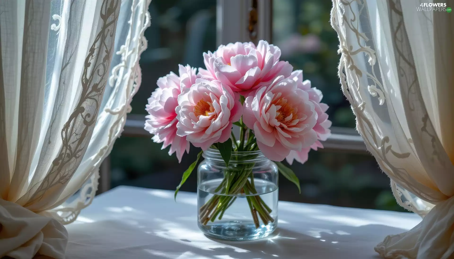 Window, hangings, Peonies, jar, Pink