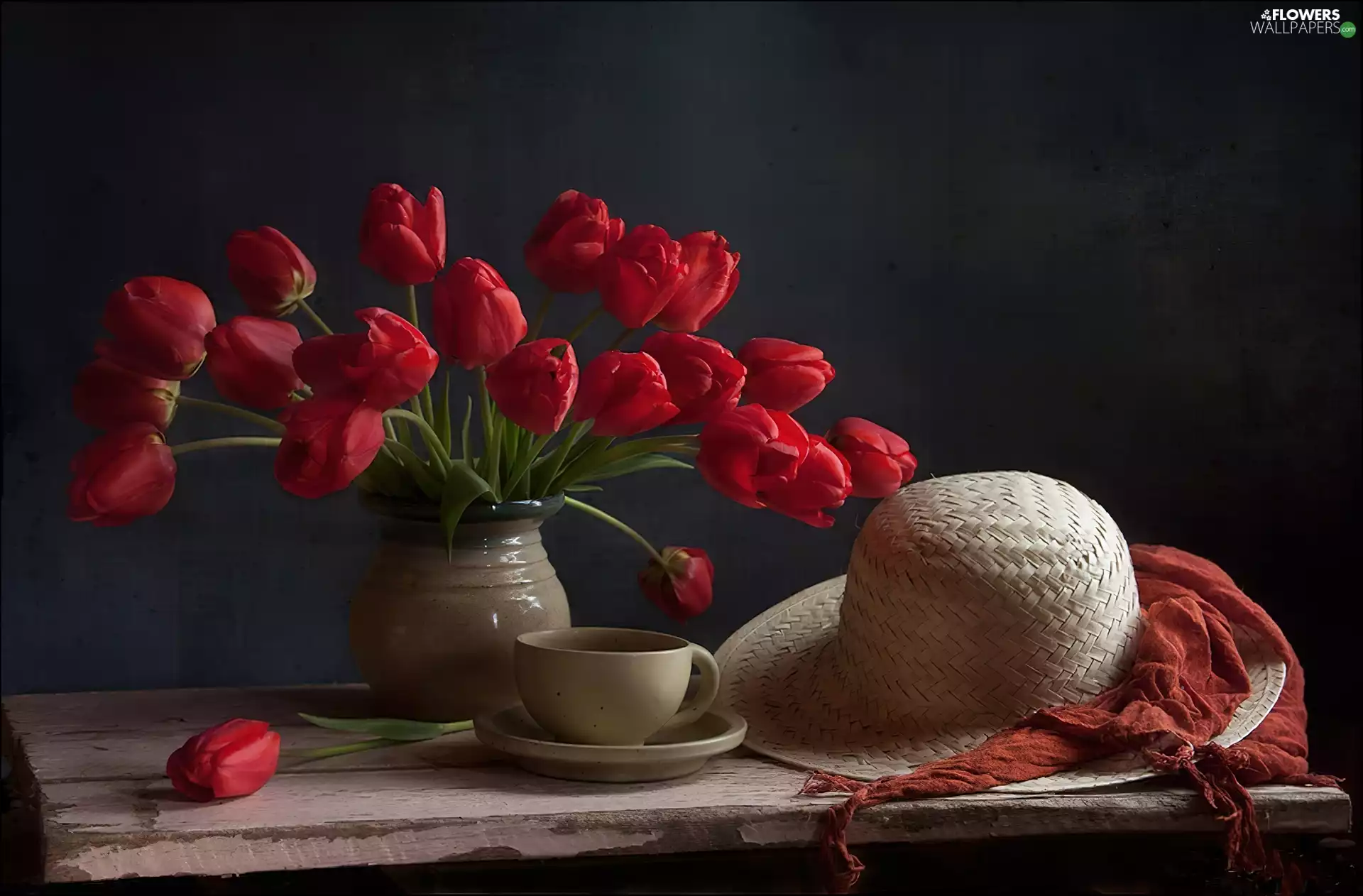 tulips, bouquet, cup, Hat, Vase, red