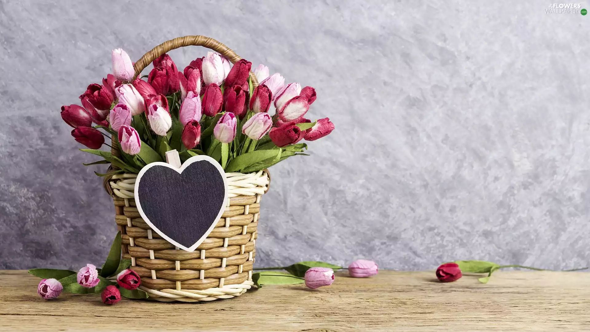 Paper, decoration, Tulips, Heart, Flowers, basket