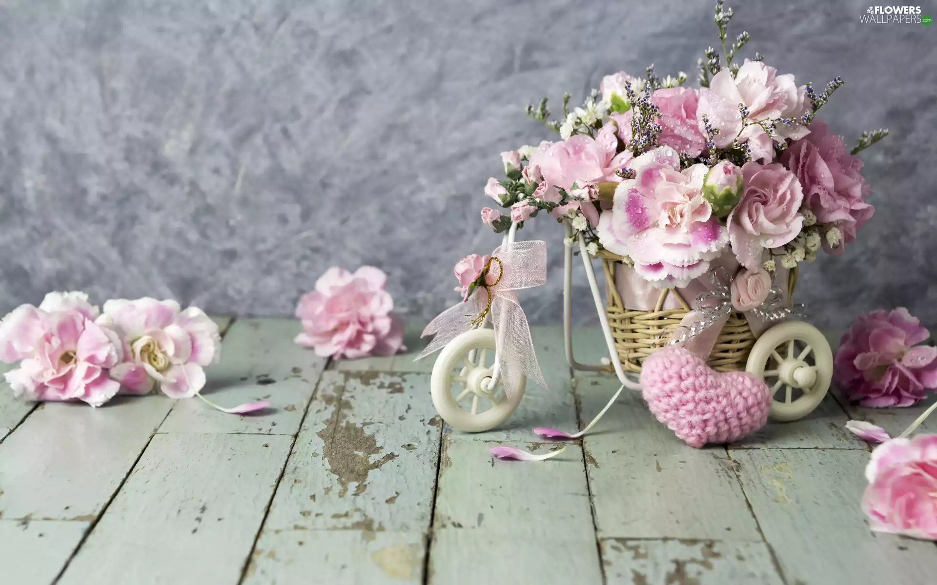 Flowers, composition, Bicycle, Heart, Clove Pink, Pink