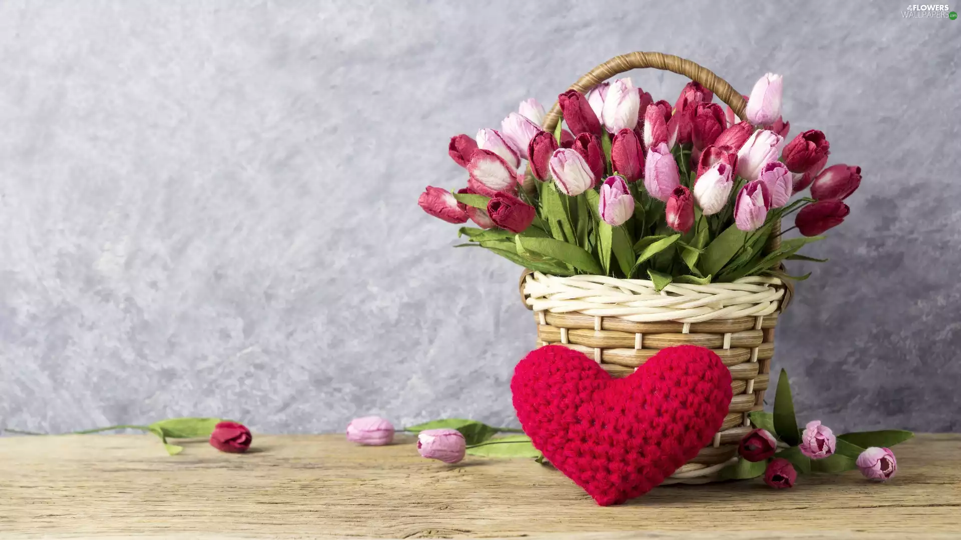 Tulips, Heart, bouquet, Paper, basket