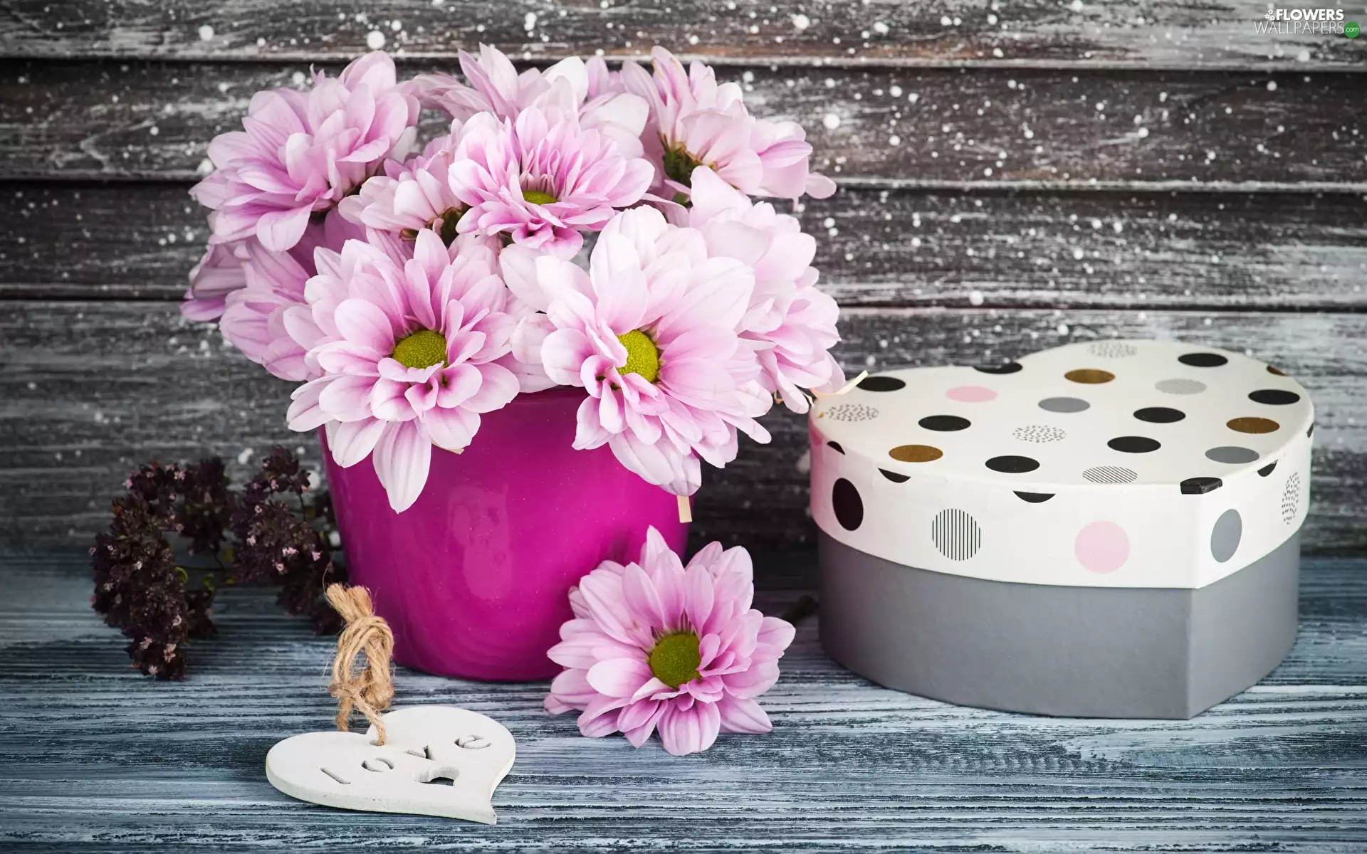 Box, Bouquets, Vase, Heart, Present, Chrysanthemums