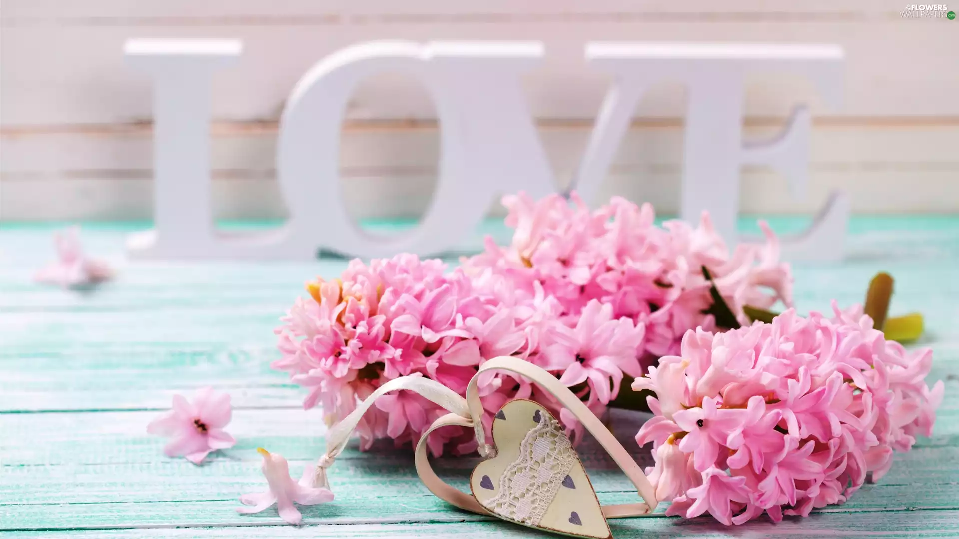 Pendant, Hyacinths, LOVE, Heart, Pink, text, boarding