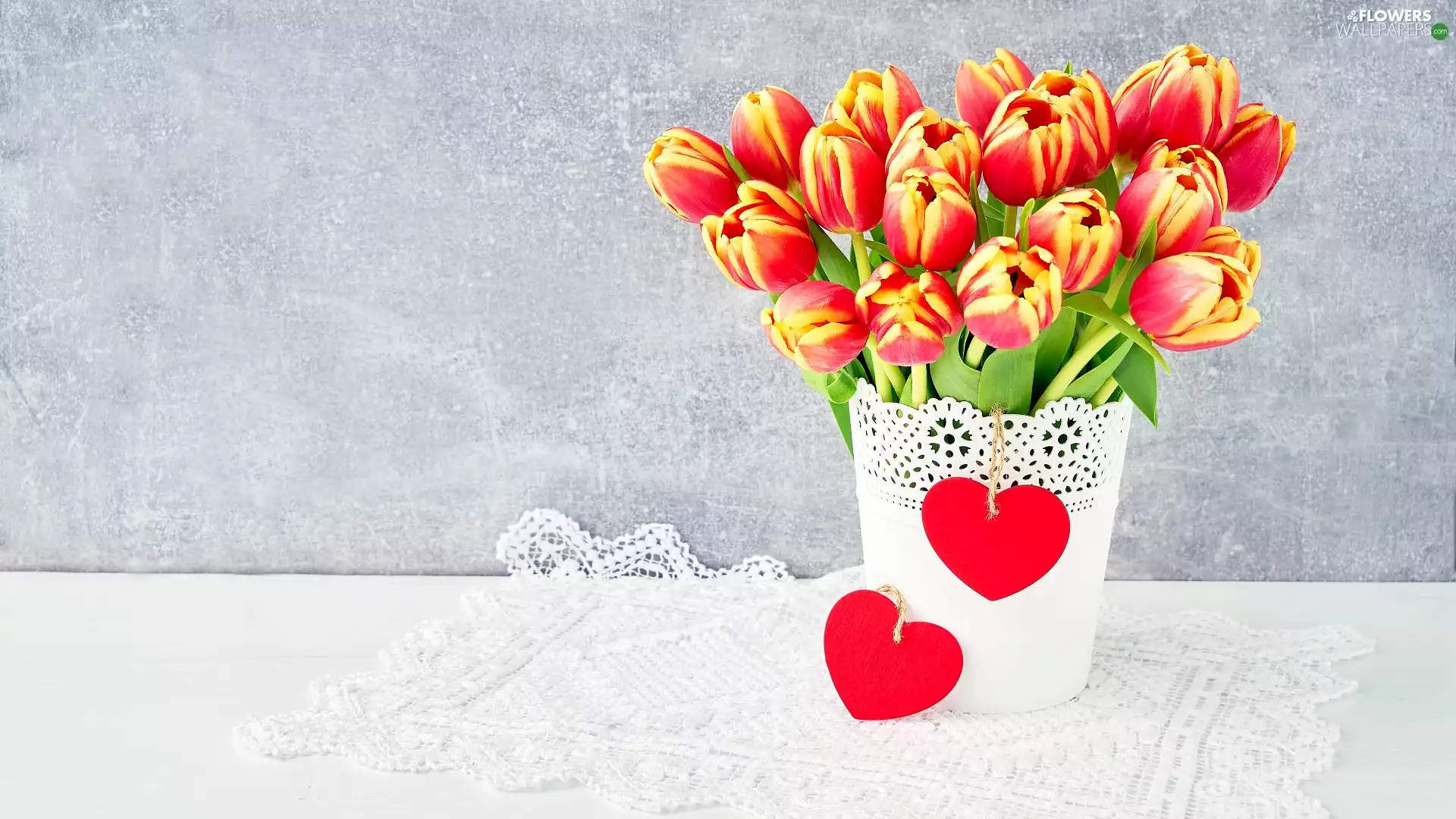 heart, pot, napkin, Two cars, Tulips, pendants, Grey Background