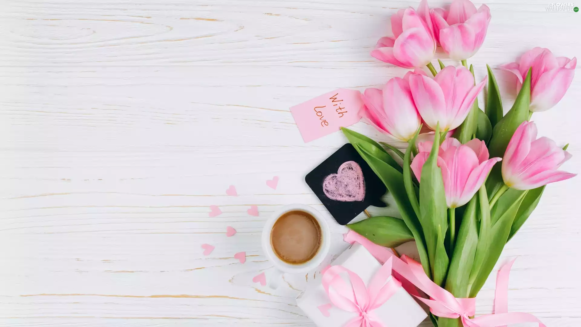 Tulips, composition, Present, Heart, coffee, Love things
