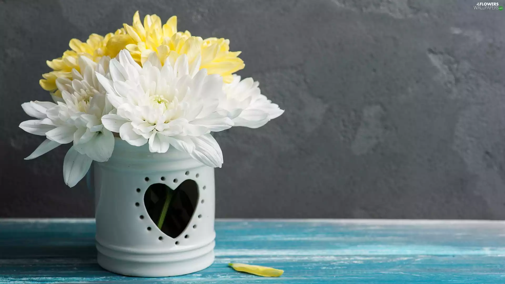 Vase, Heart, Yellow, Chrysanthemums, White