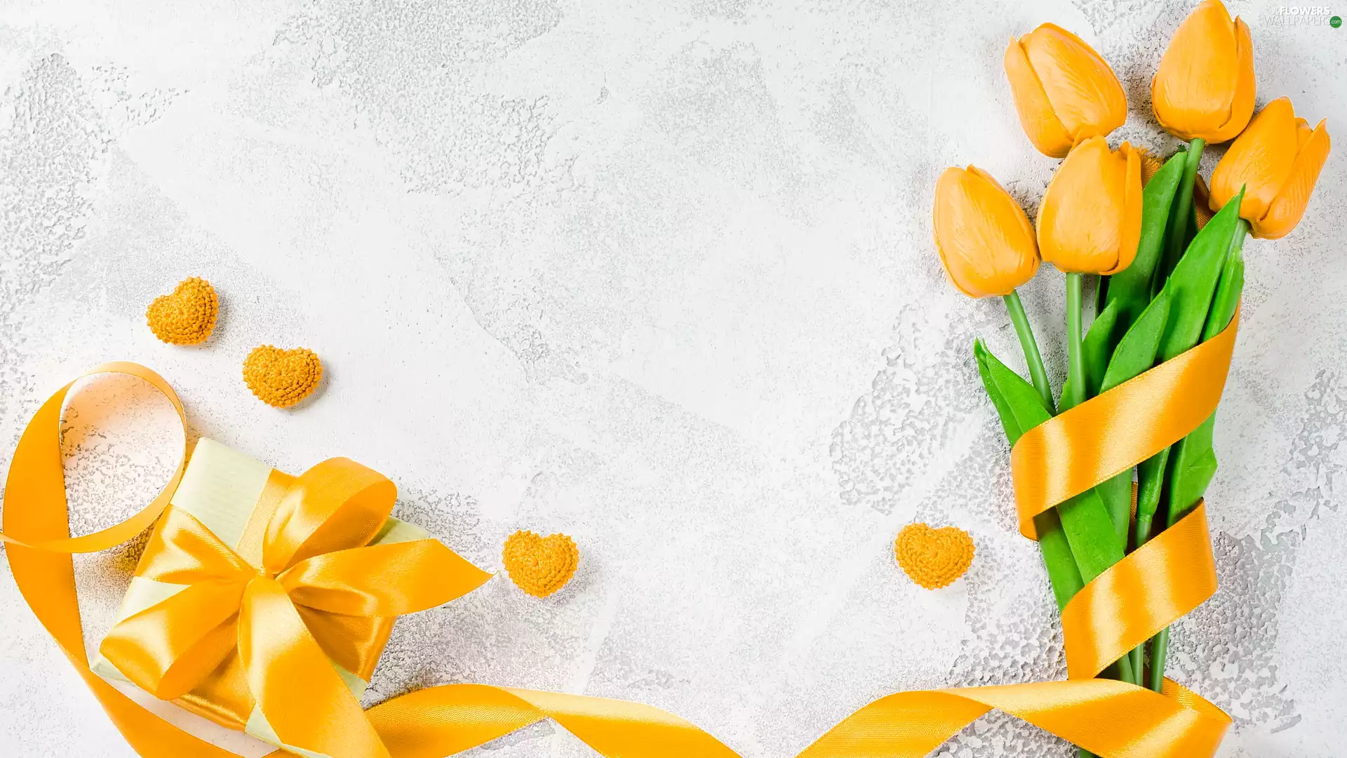 Tulips, Yellow, Present, hearts, ribbon, Artificial