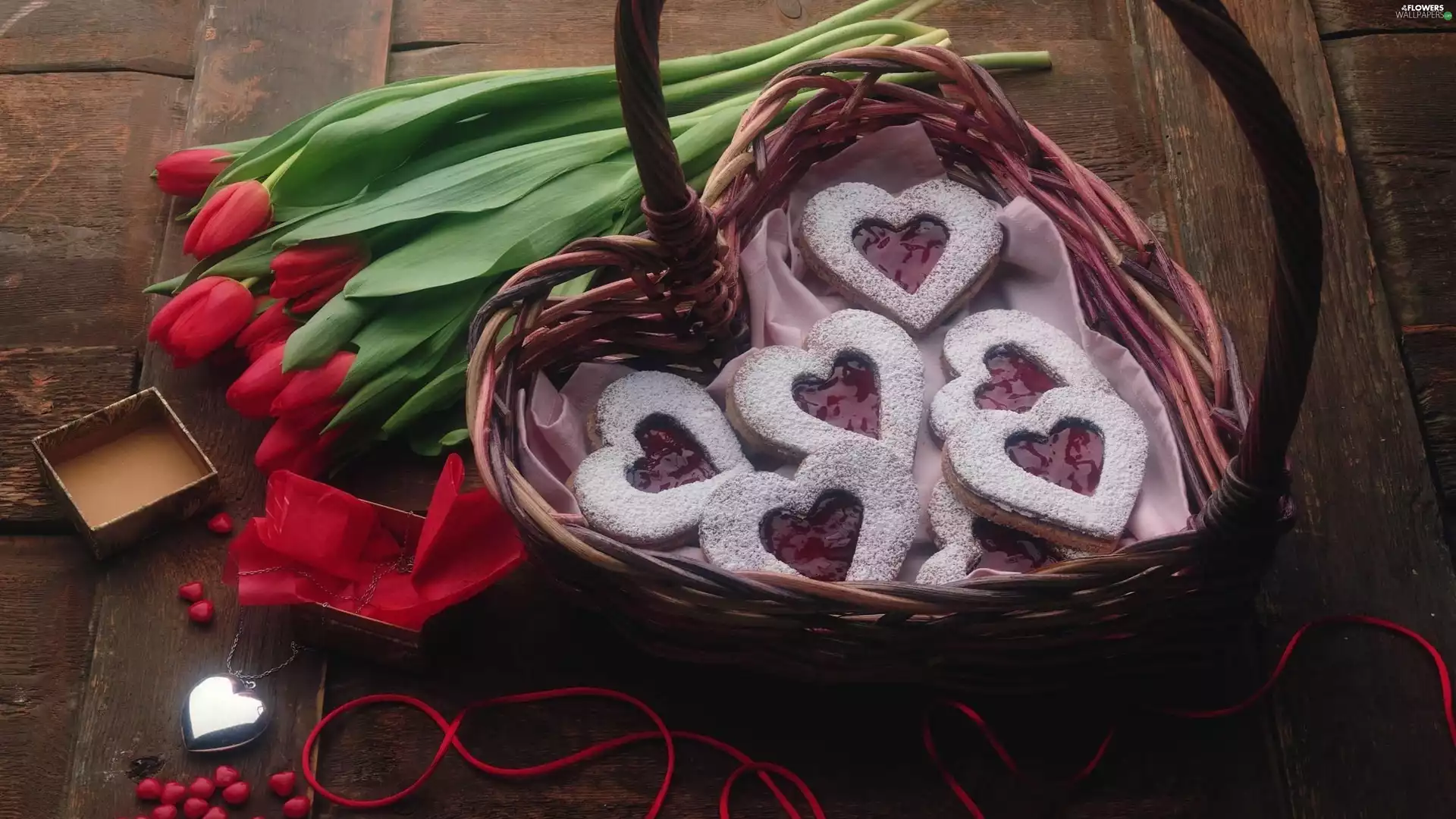 wicker, bouquet, cookies, hearts, basket, tulips