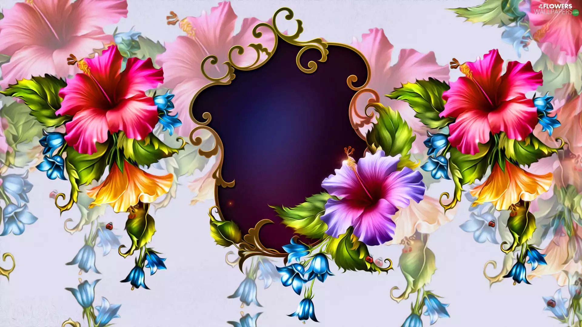 Flowers, Mirror, graphics, hibiscus