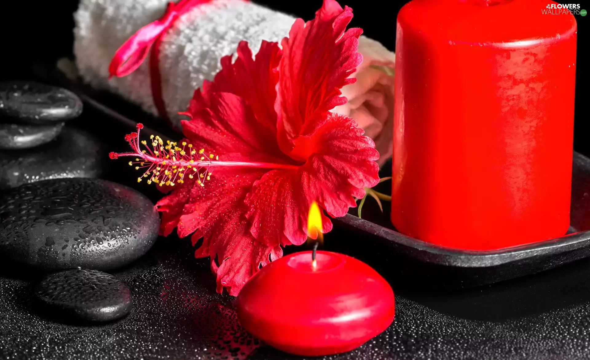 Candles, Towel, Colourfull Flowers, Stones, Spa, Red, hibiskus