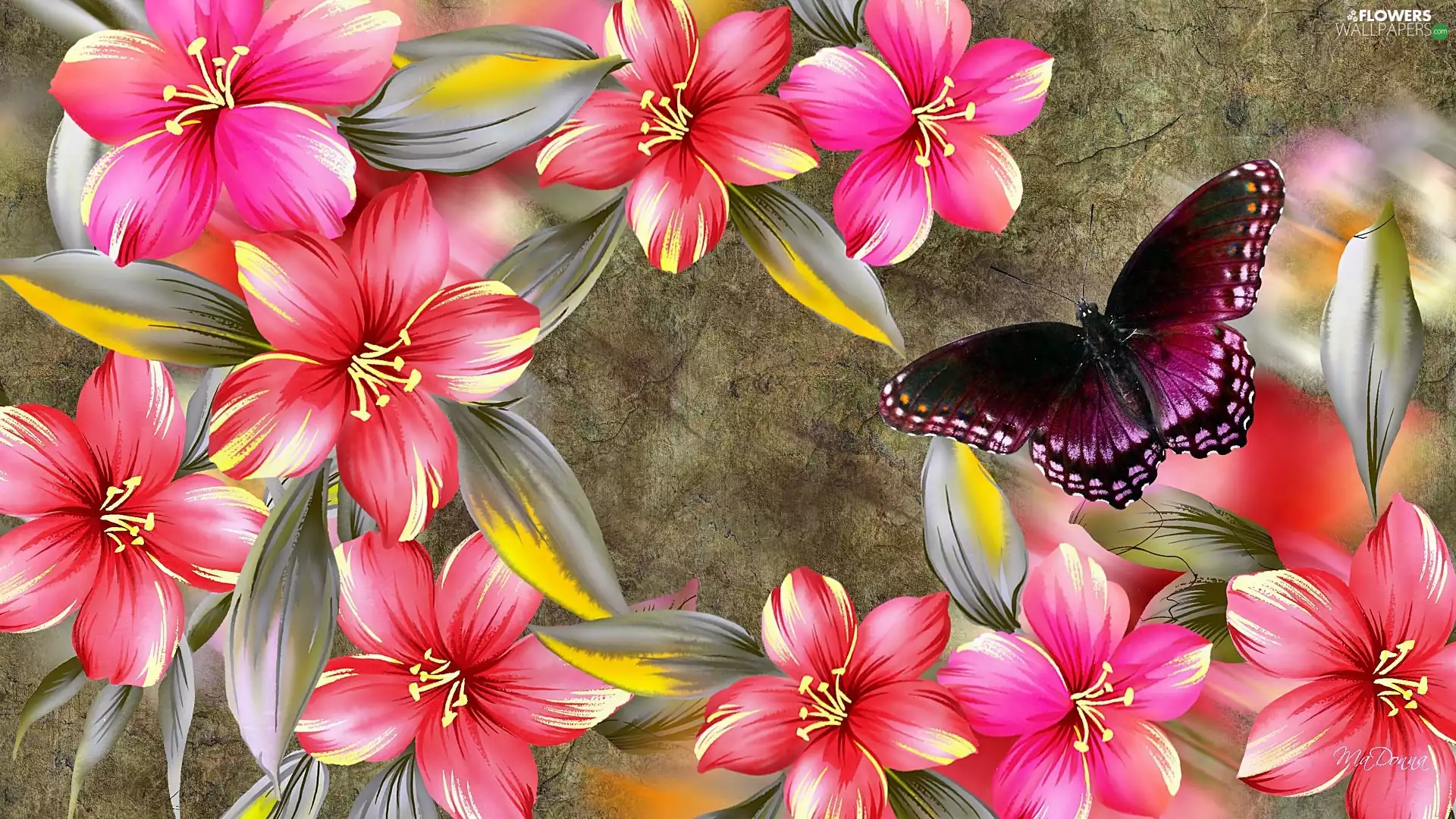 Flowers, butterfly, Art, hibiskus