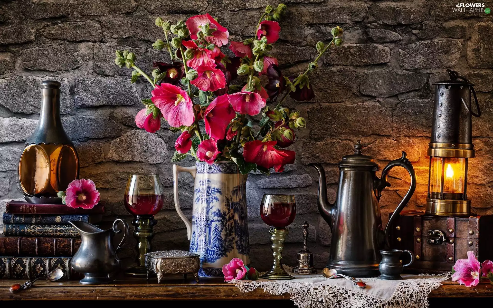 Hollyhocks, Lamp, napkin, jug, glasses, Bouquet of Flowers, composition, Books