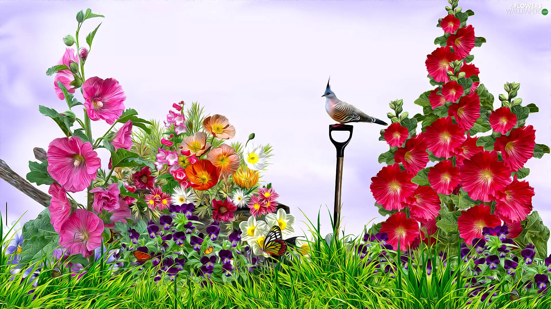 pansies, Flowers, shovel, Hollyhocks, graphics, grass, Bird