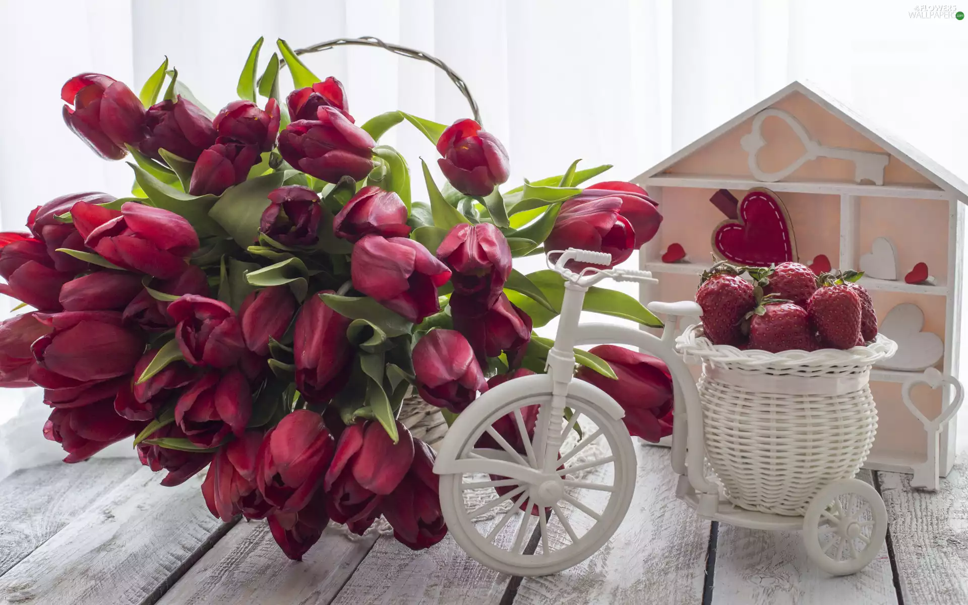 Bicycle, basket, heart, strawberries, keys, bouquet, Tulips, Home