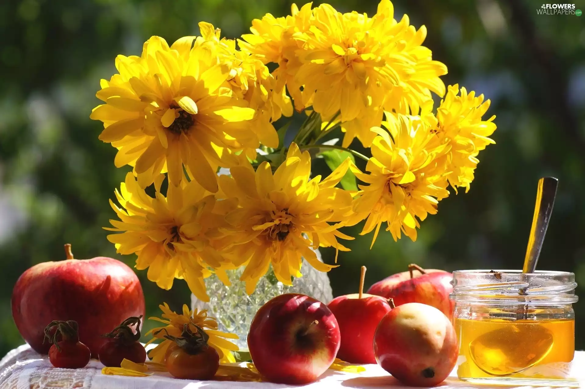 Apples, Honey, Flowers, bouquet, Yellow