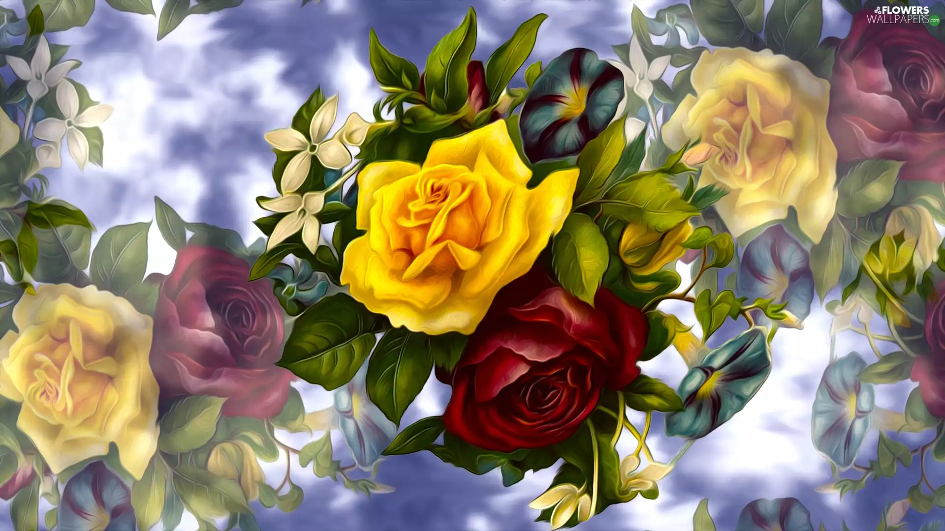 roses, Yellow Honda, bindweed, graphics, bouquet, red hot