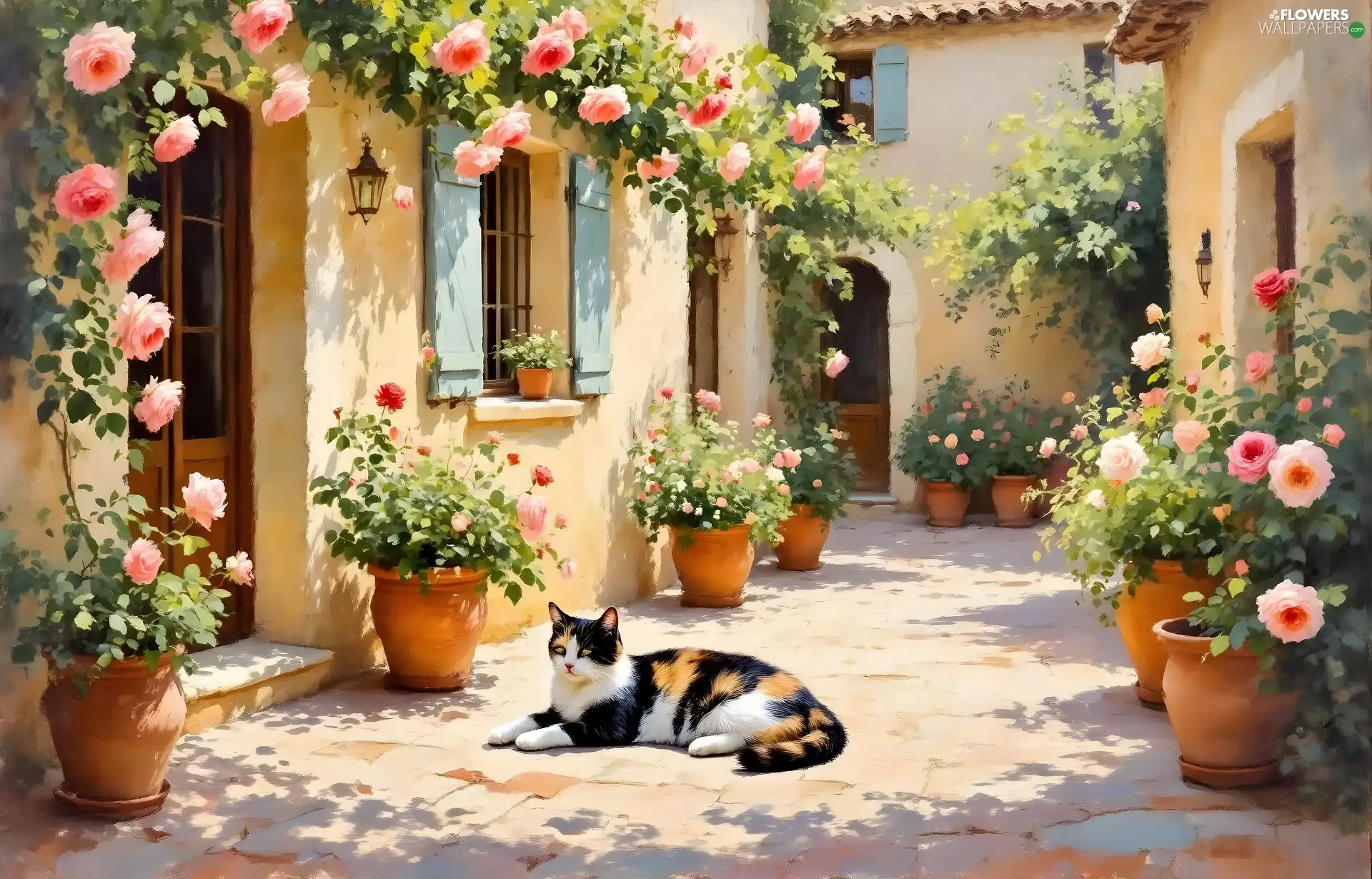 cat, Flowers, roses, Houses