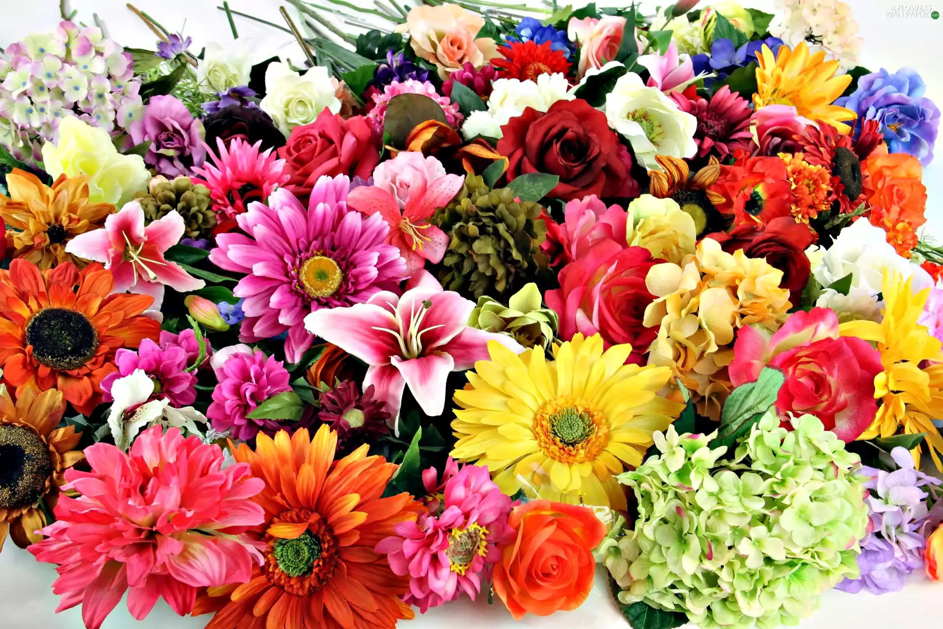 gerberas, bouquet, Hyacinths, lilies, roses, flowers