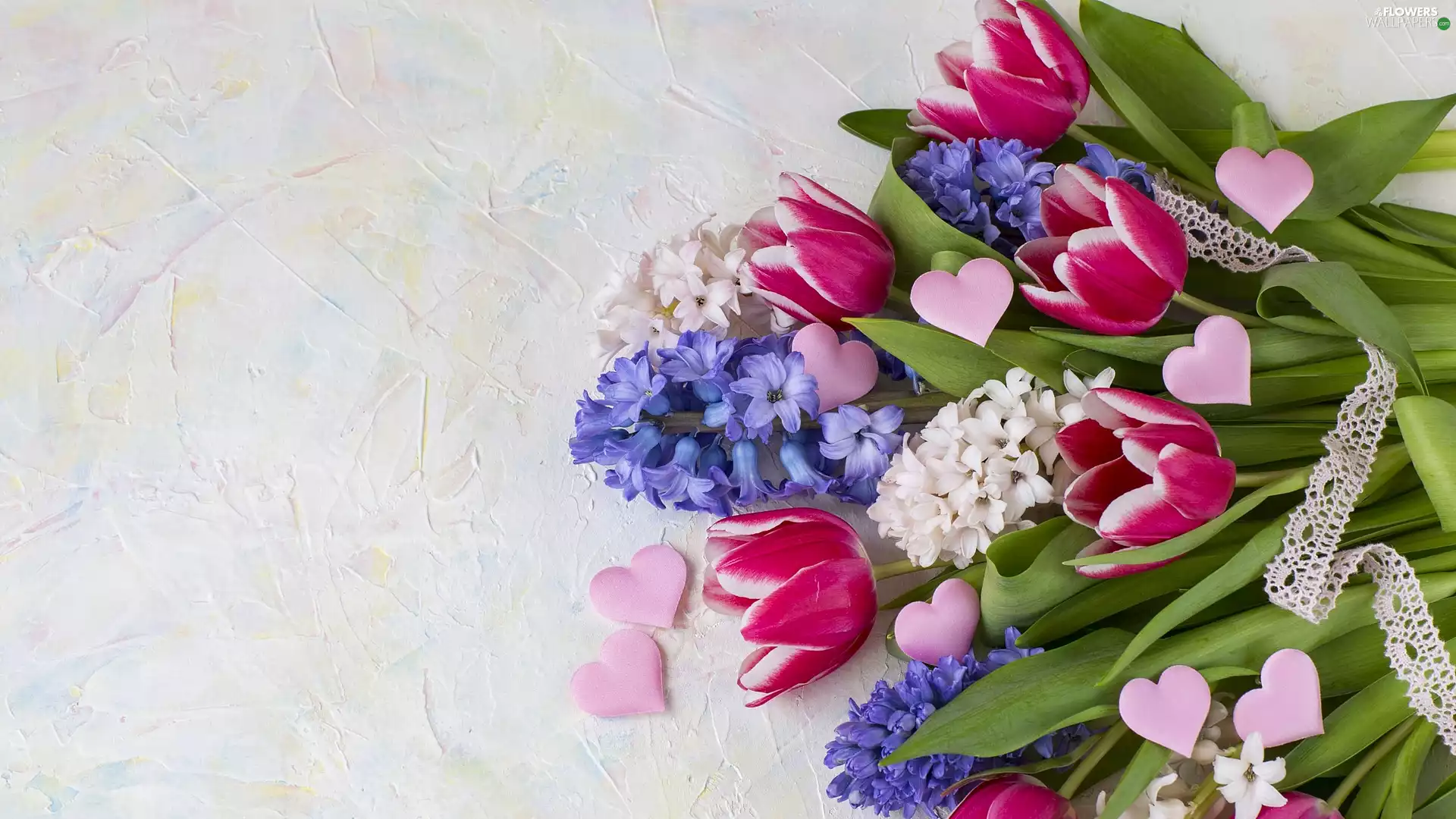 Tulips, bouquet, hearts, Hyacinths