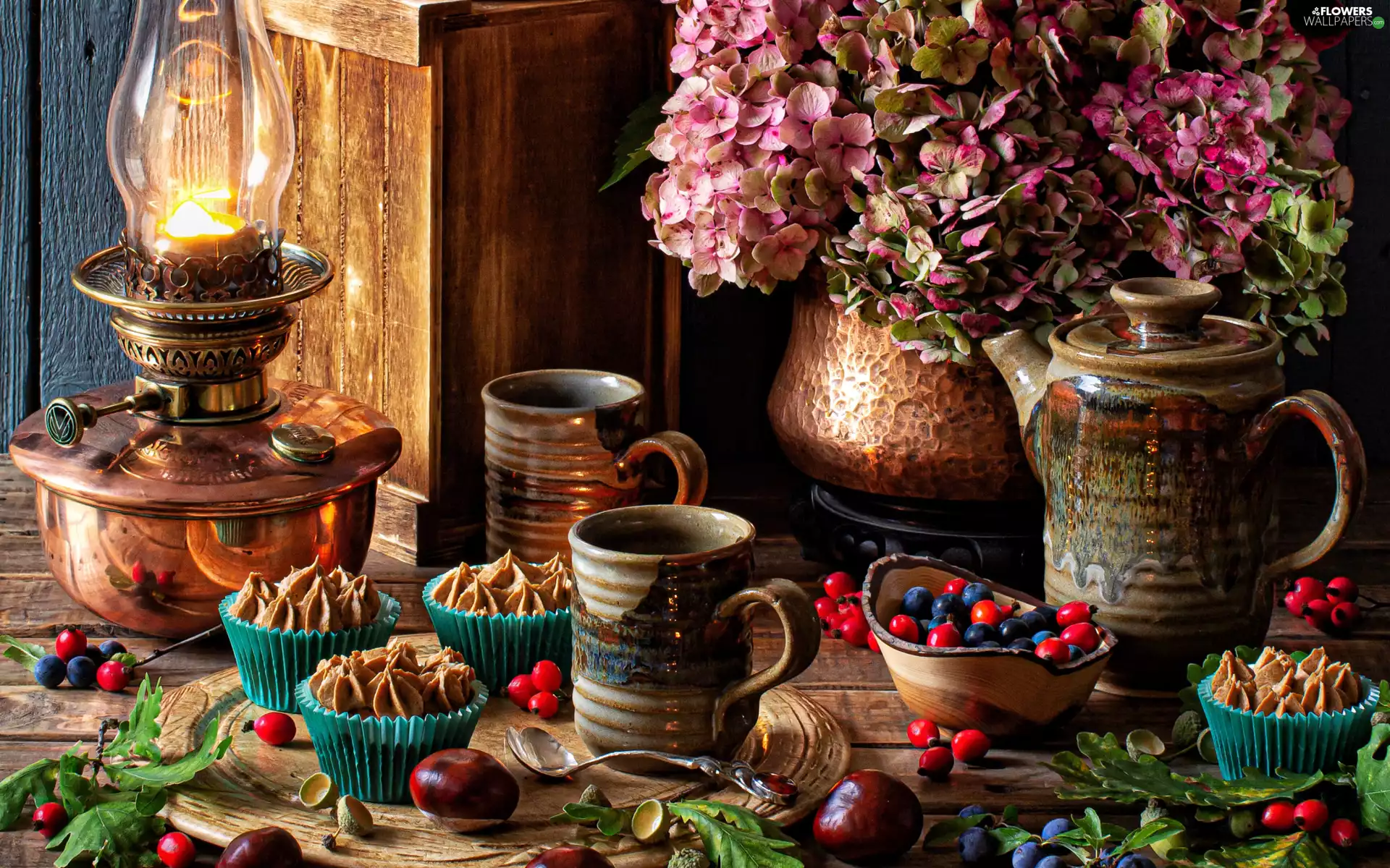 Muffins, cups, cups, Flowers, jug, Lamp, composition, hydrangeas