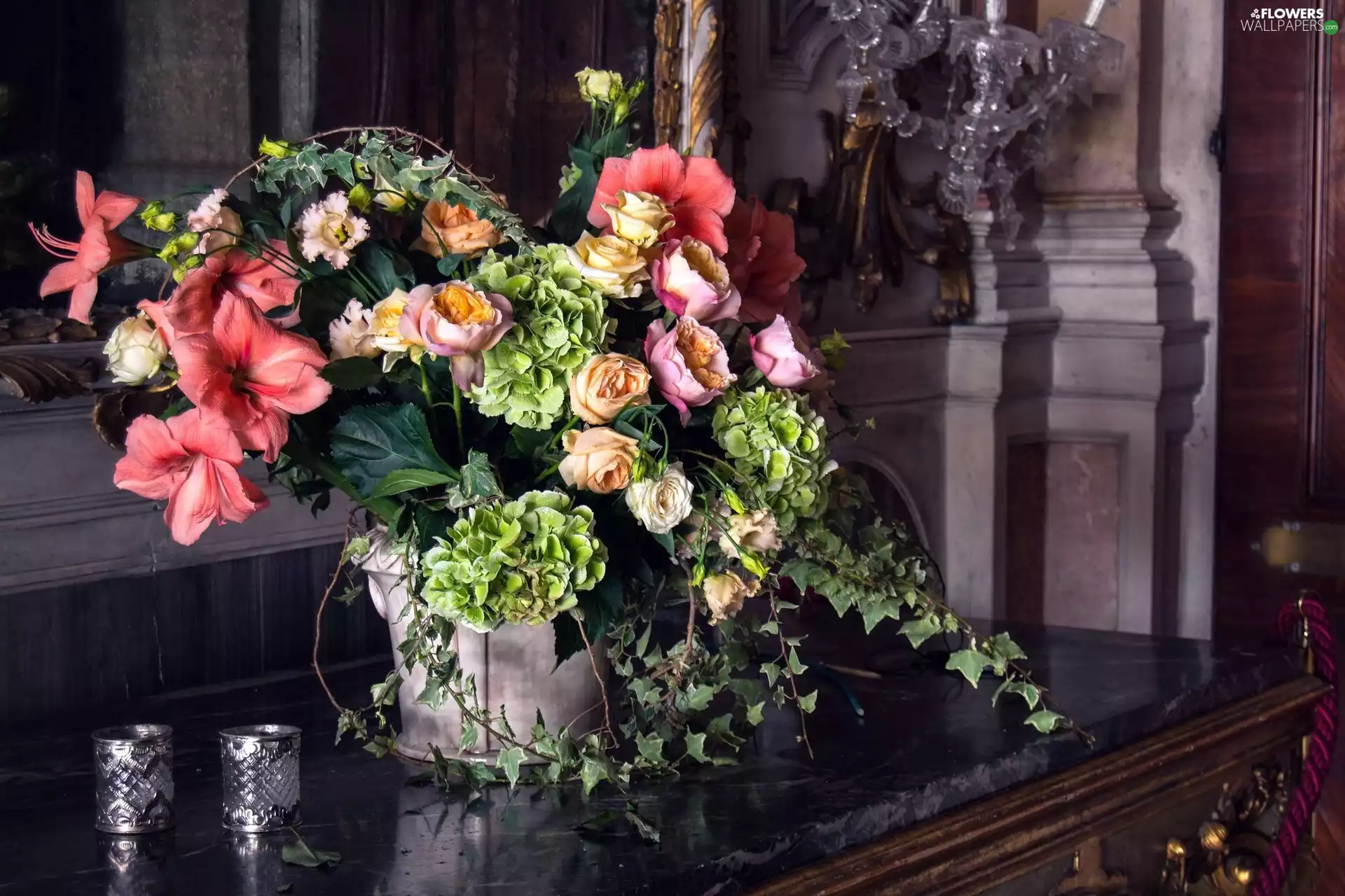 amaryllis, roses, Vase, hydrangeas, Flowers, bouquet, blade