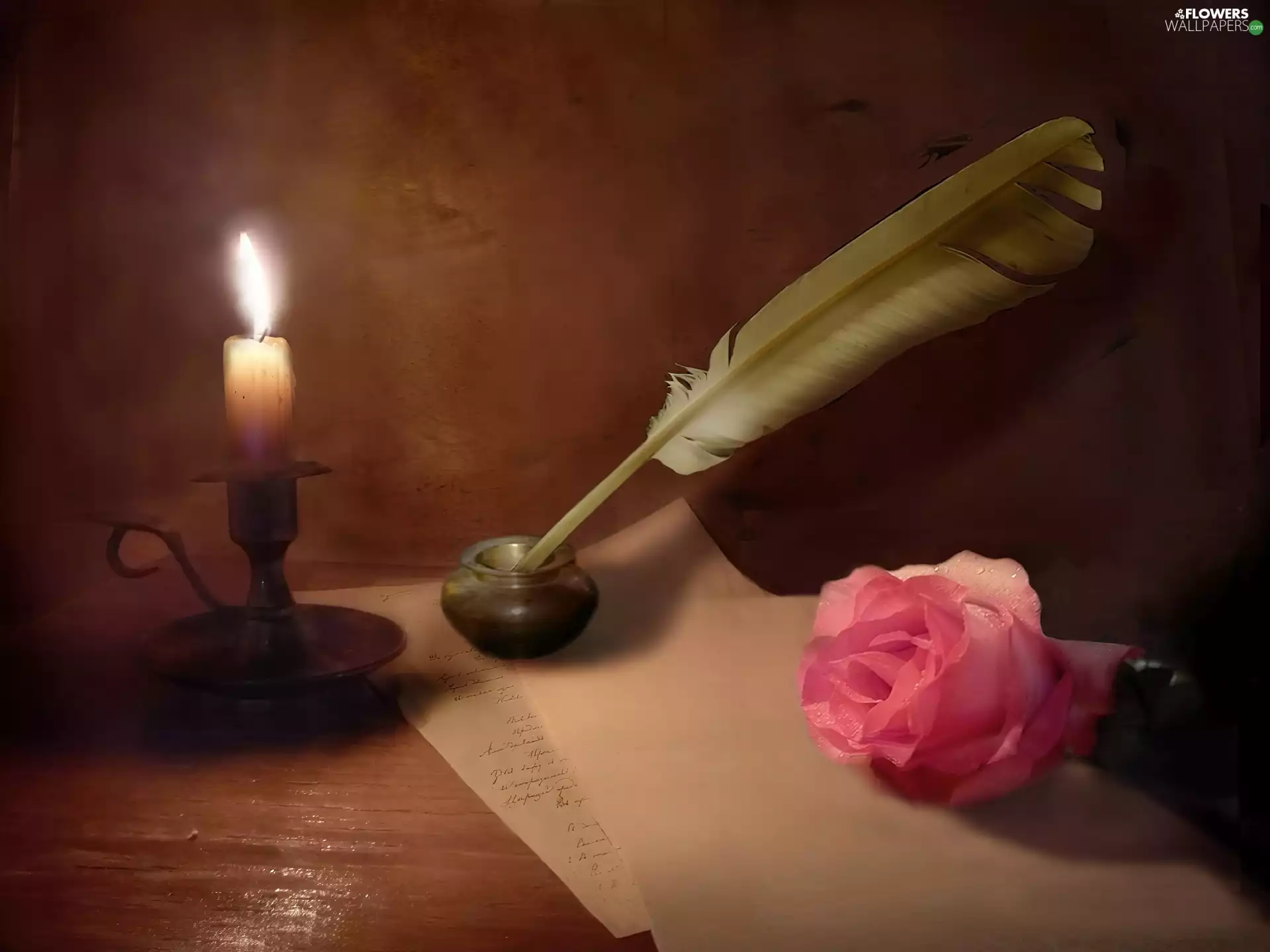 Candle, pen, rose, inkwell