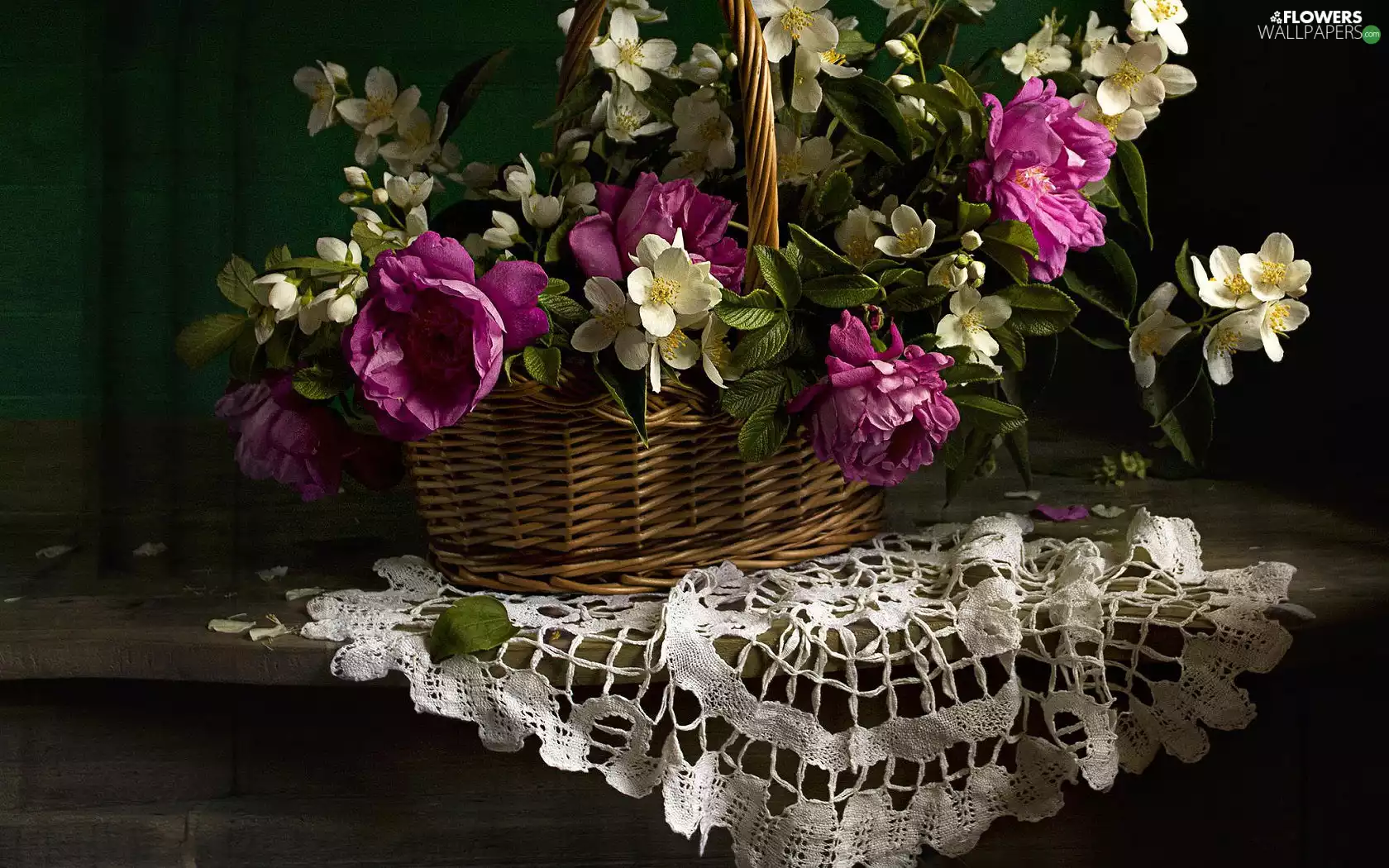 basket, composition, Peonies, jasmine, tablecloth, Flowers