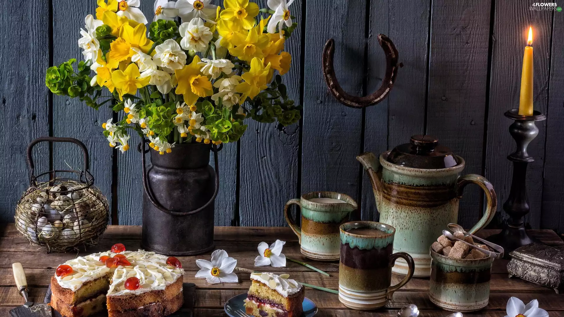 Jonquil, bouquet, Flowers, cake, horseshoe, eggs, candle, jug, cups