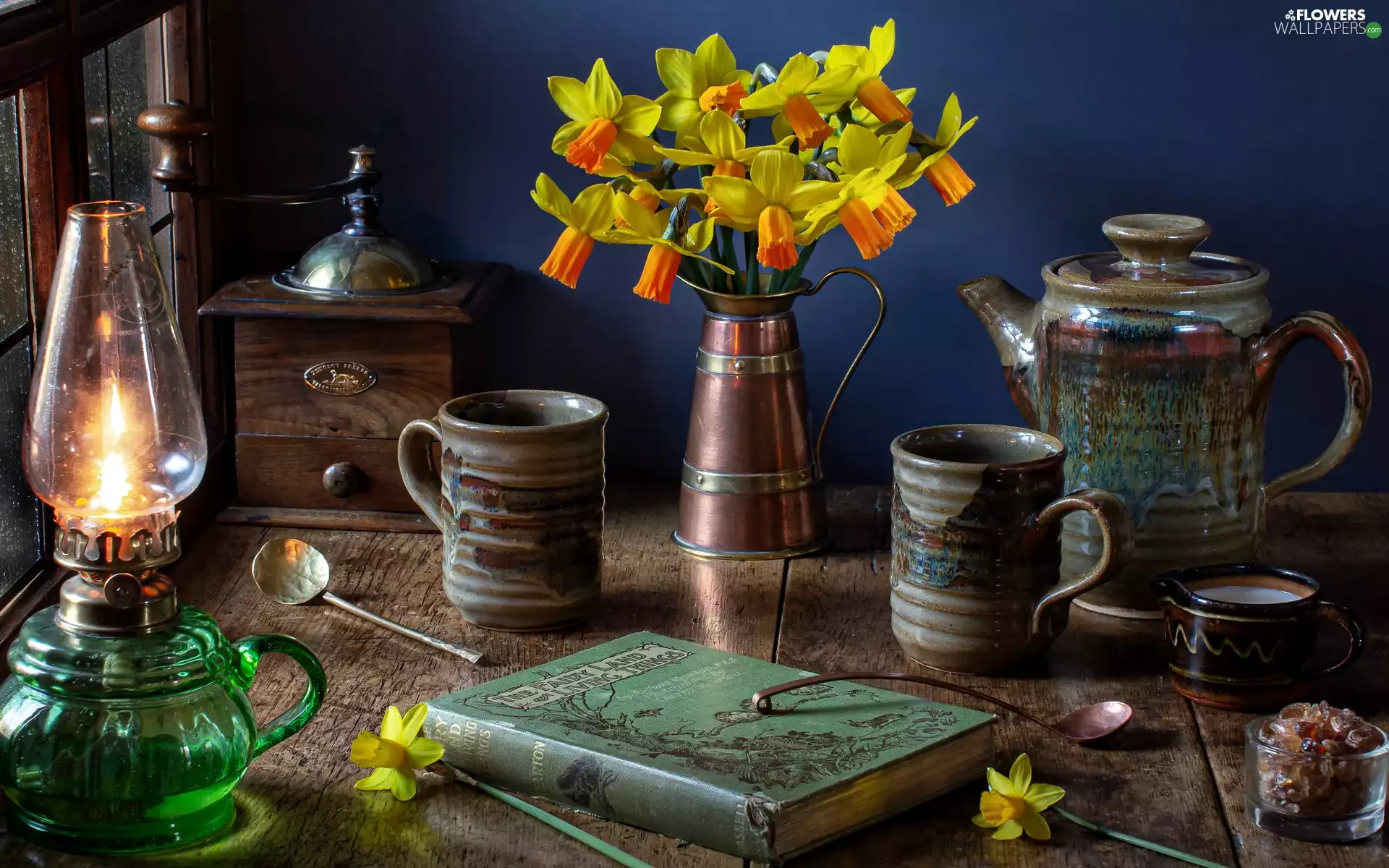Jonquil, composition, mill, Lamp, jug, Window, Glasses, cups, Book