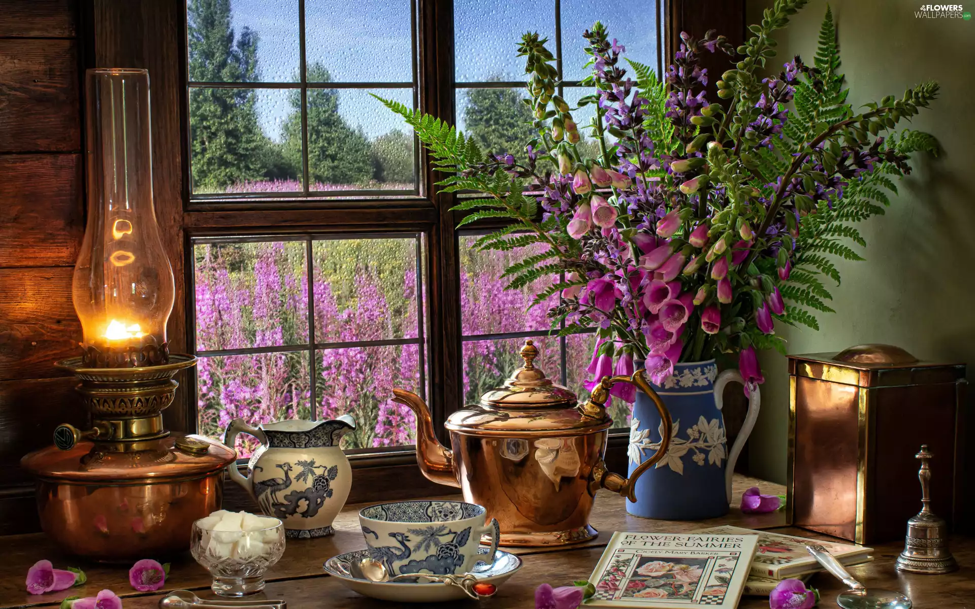 jug, Oil Lamp, Flowers, foxglove, Window, composition, cup, bell, sugar