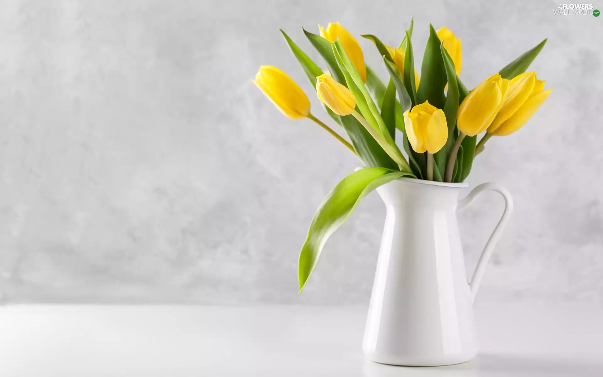Tulips, jug, bouquet, Yellow, Flowers