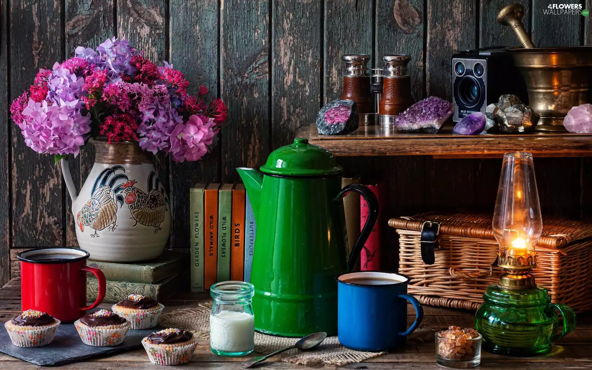 jug, Bouquet of Flowers, cups, Books, composition, Lamp, Muffins