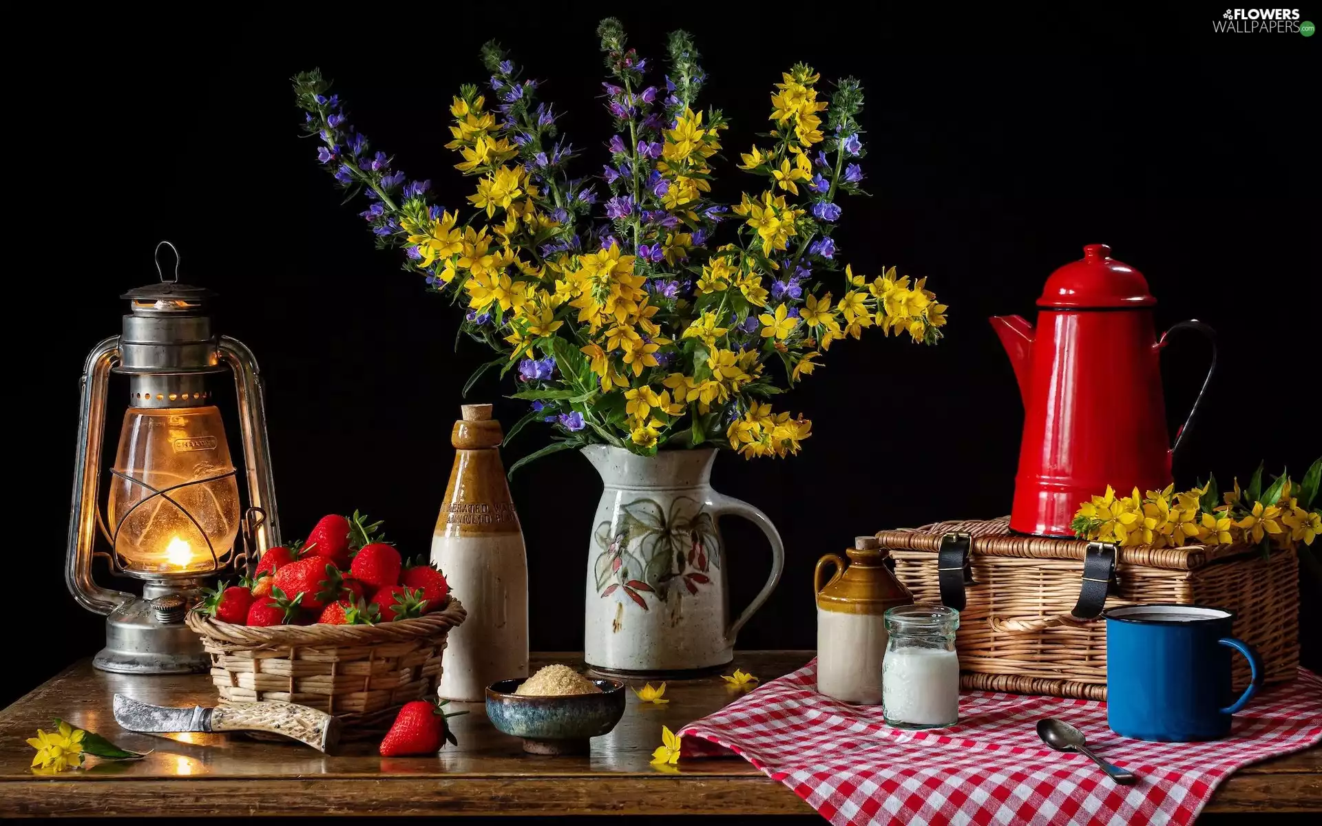jug, Bouquet of Flowers, Cup, Lamp, composition, strawberries, napkin