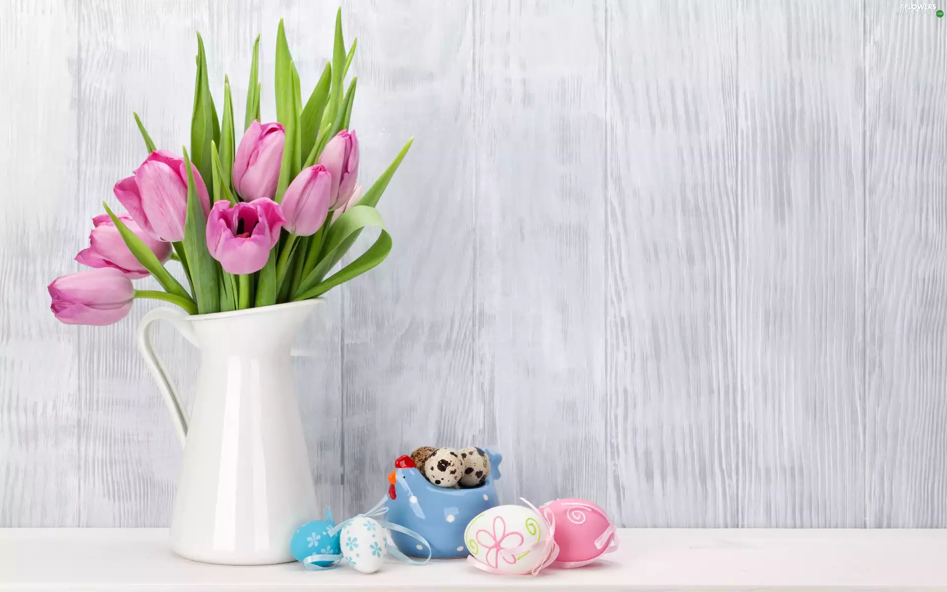 eggs, Easter, Tulips, jug, bouquet, composition