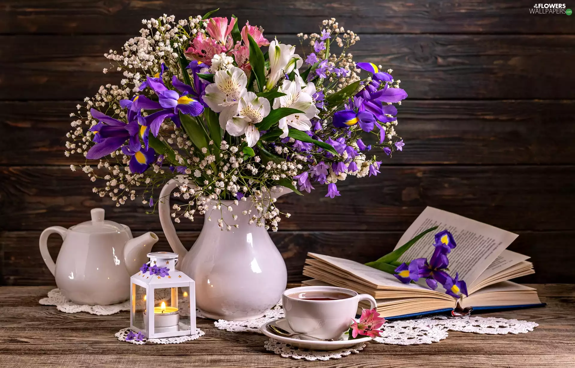 lantern, bouquet, cup, jug, Flowers, Book, composition
