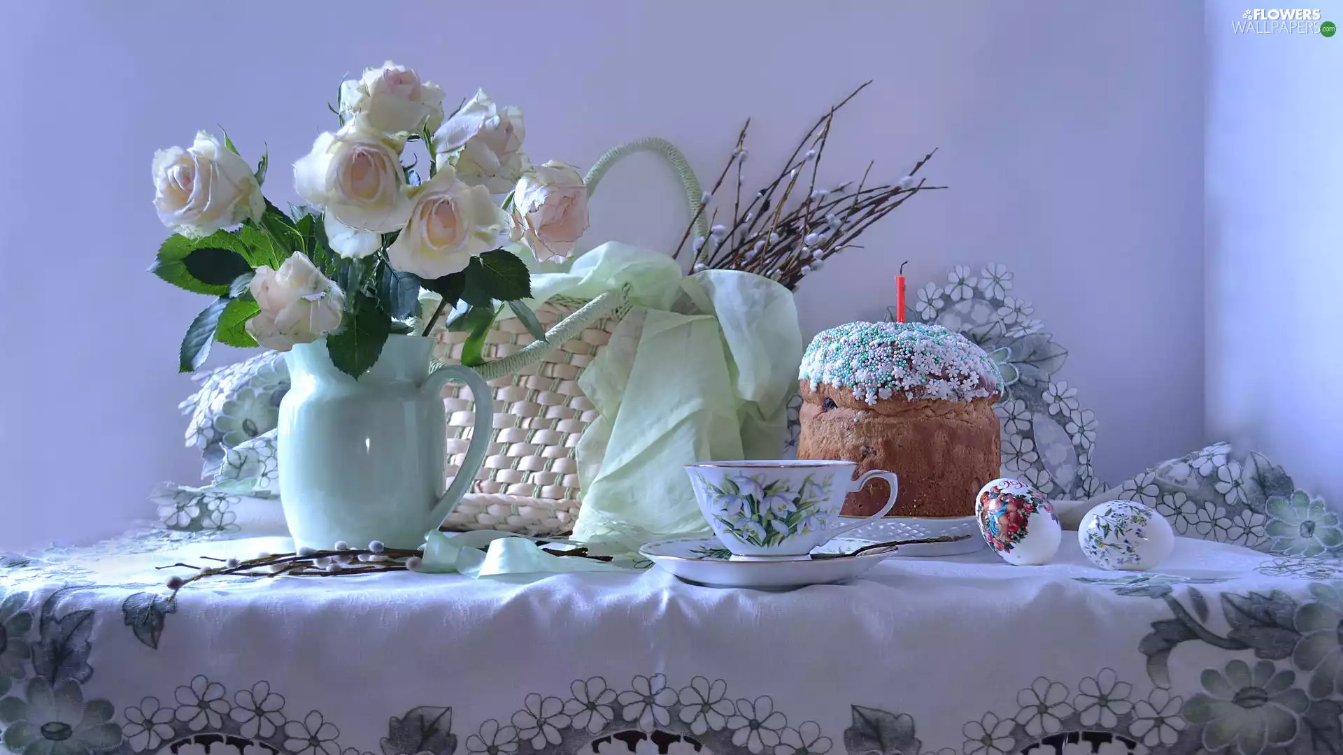 database, eggs, cup, roses, cake, basket, Easter, jug