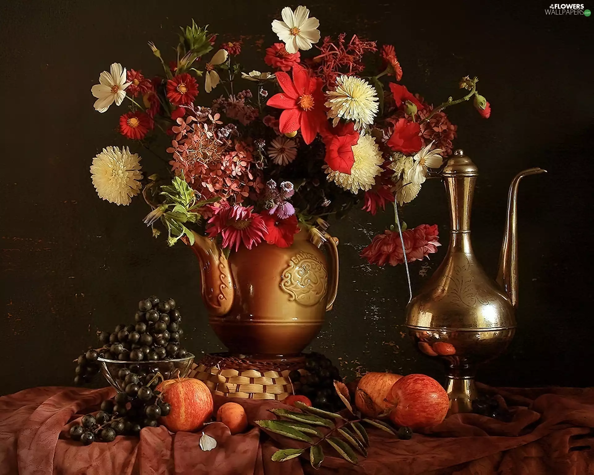 copper, jug, flowers, Fruits, bouquet
