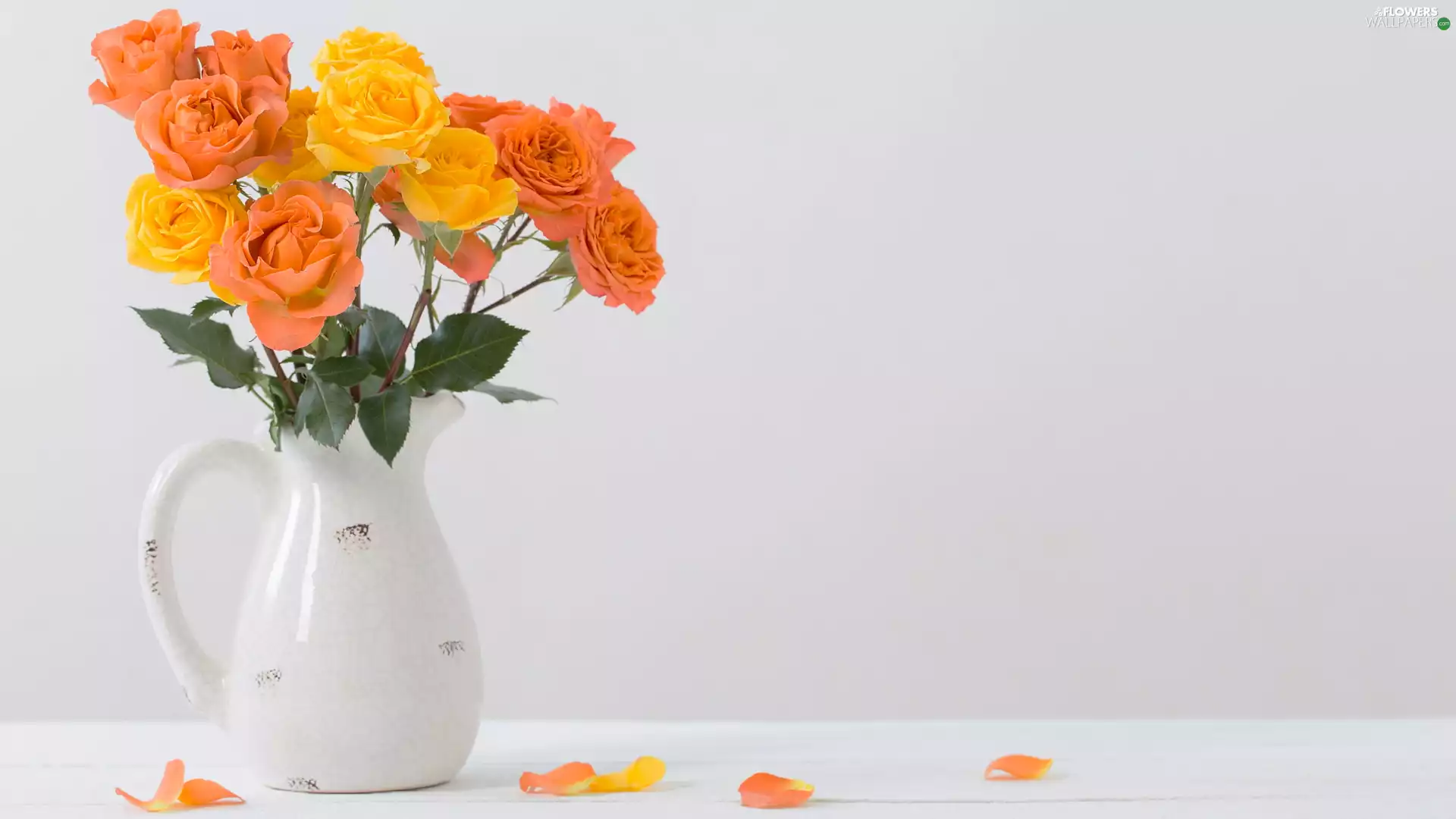 roses, jug, Orange, Flowers, Yellow