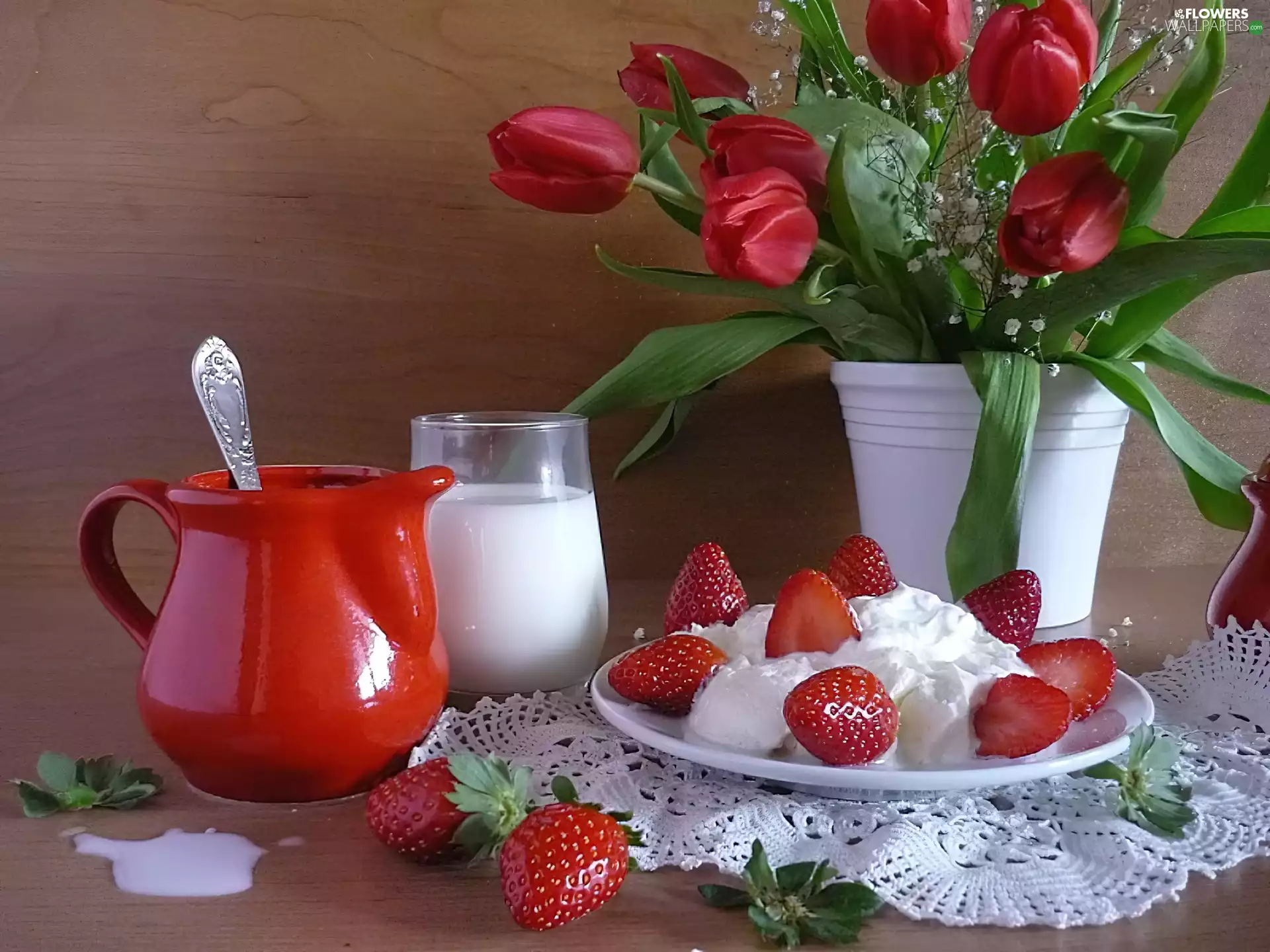 strawberries, jug, Red, Tulips, Flowers