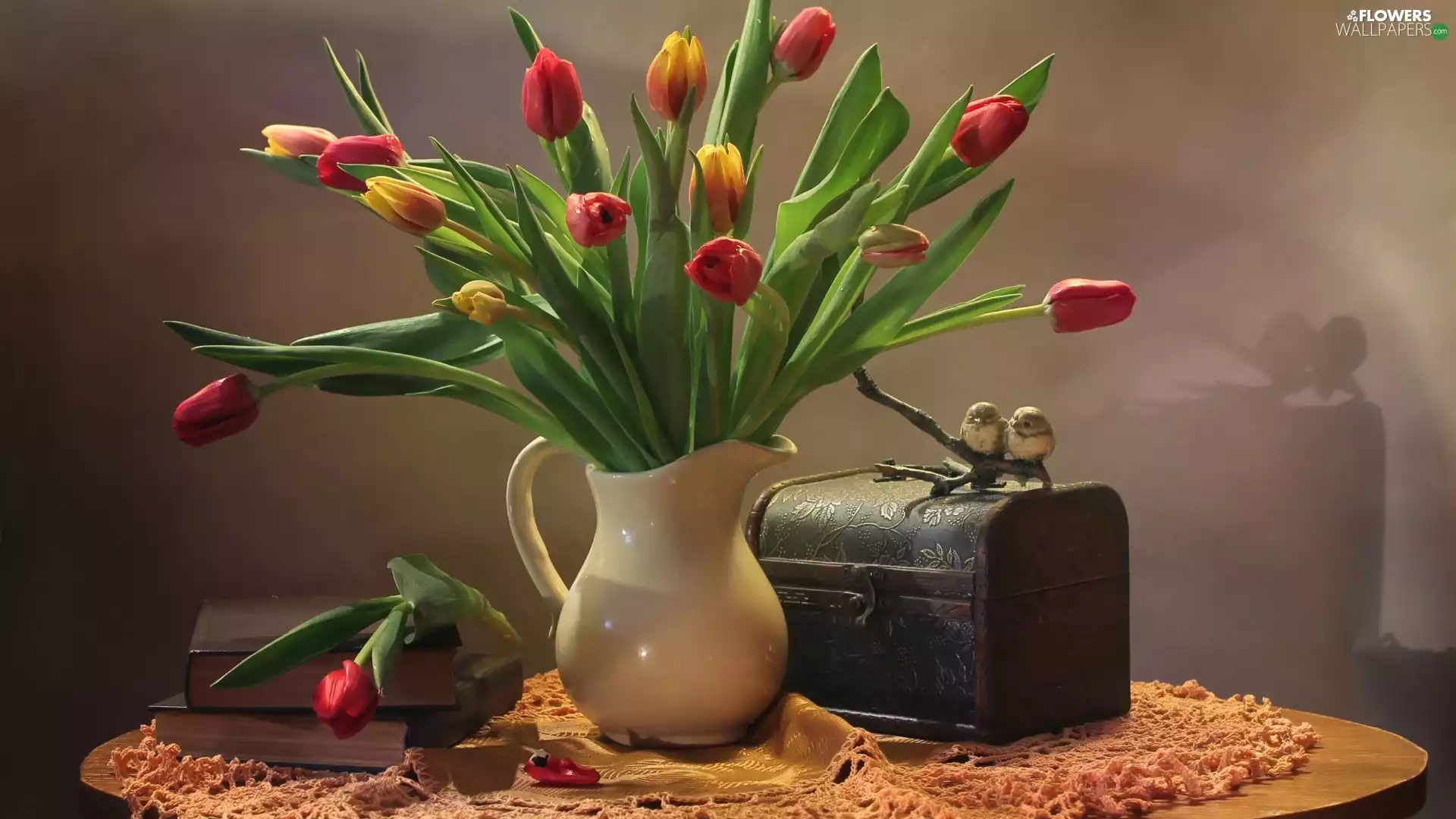 jug, bouquet, trunk, Tulips, composition, Books, Birds on the log