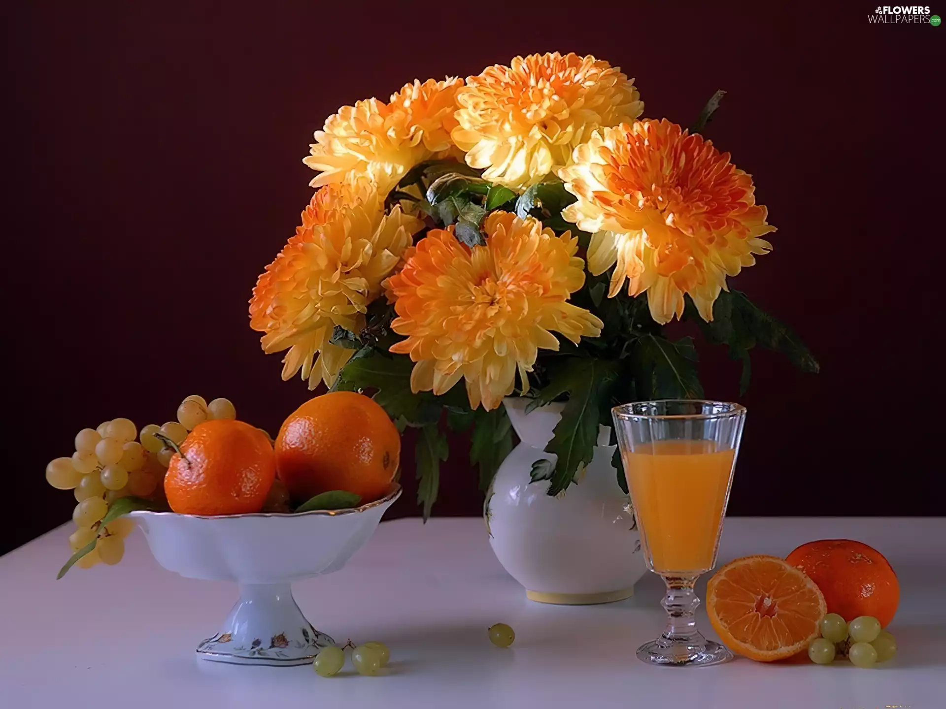 Grapes, juice, chrysanthemums, orange, bouquet