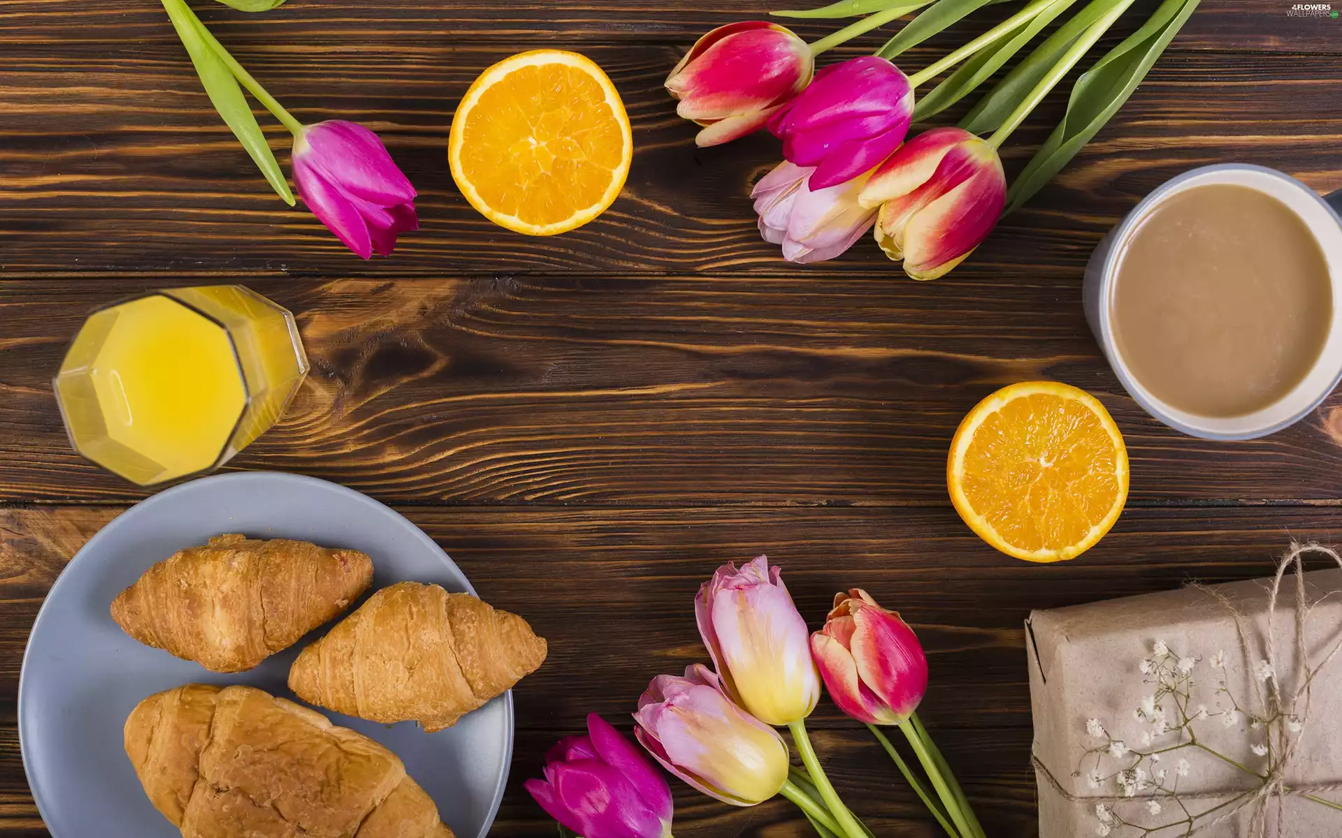 croissants, coffee, Present, juice, Tulips, orange, composition