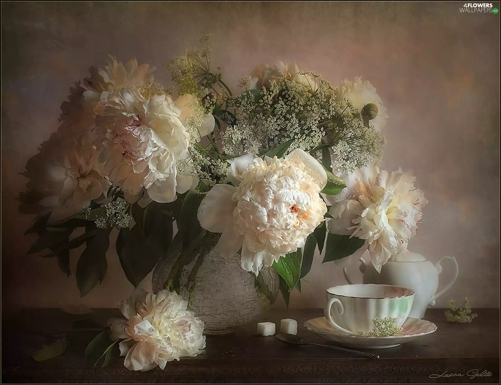 kettle, Peonies, cup