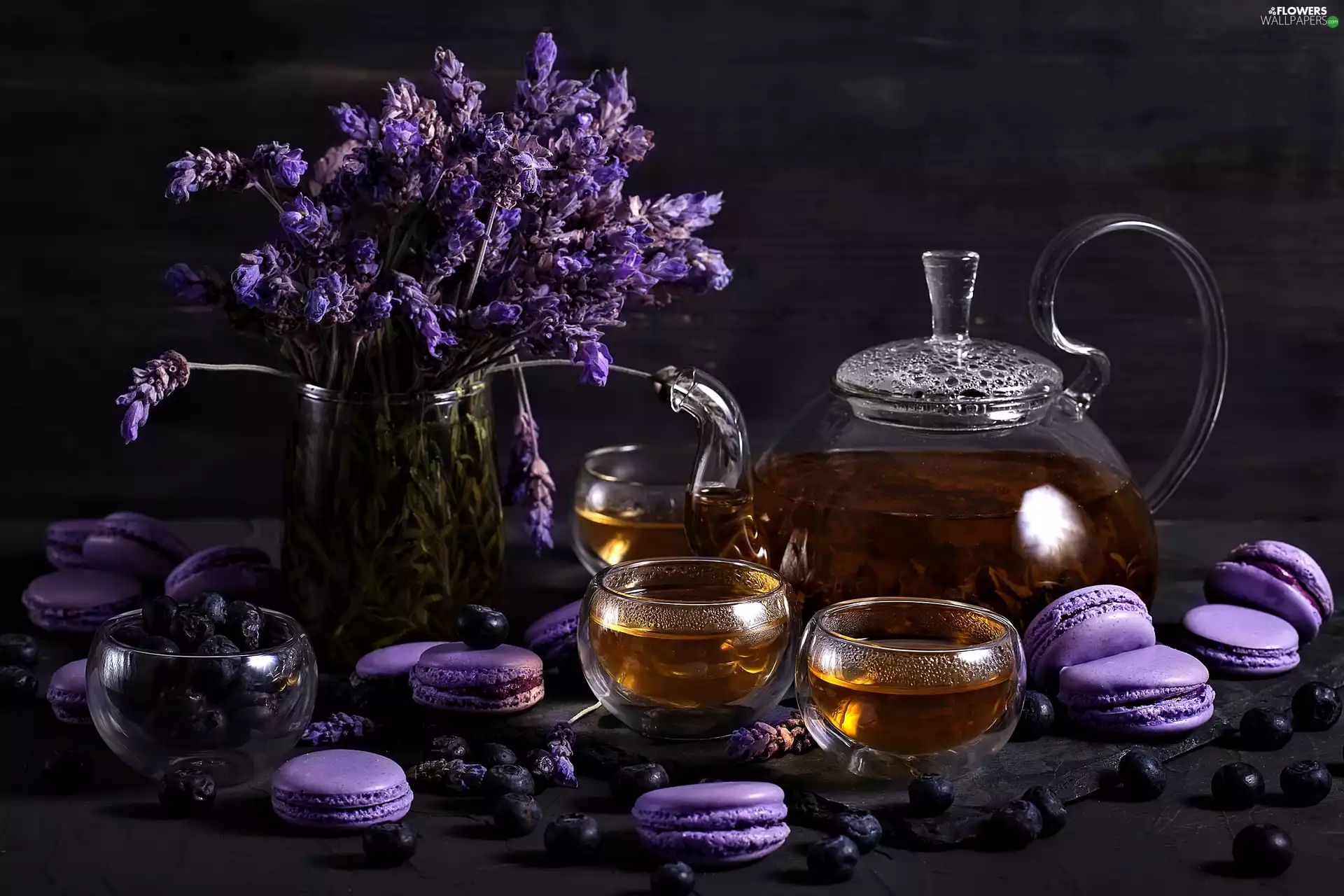 Vase, glass, Macaroons, kettle, tea, lavender, blueberries
