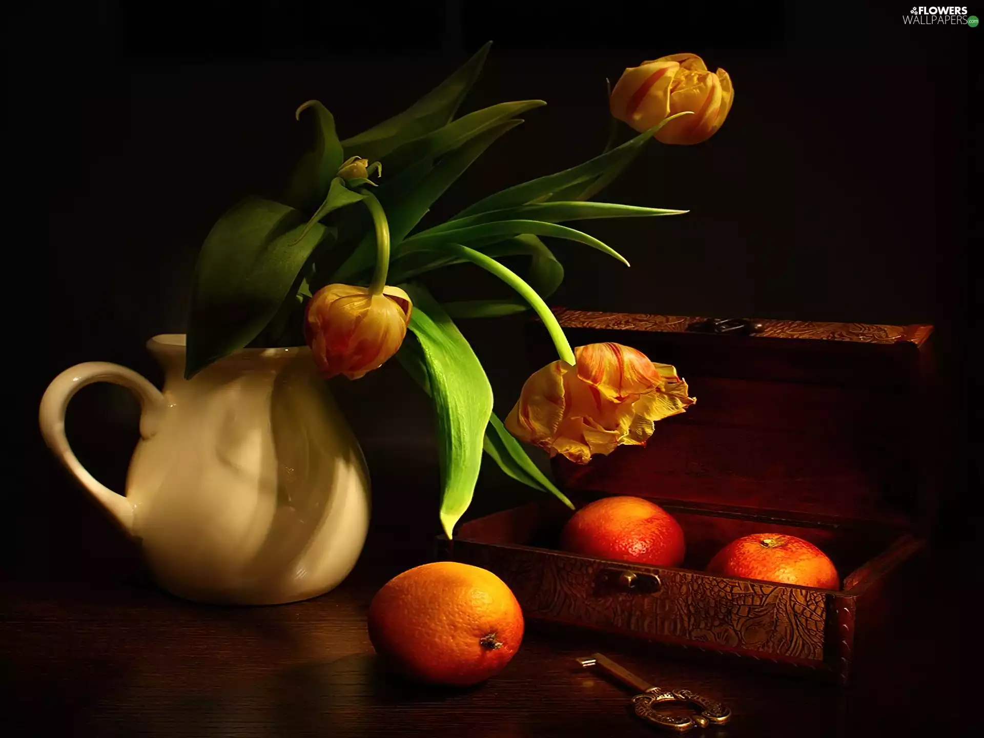 trunk, Key, Tulips, orange, jug