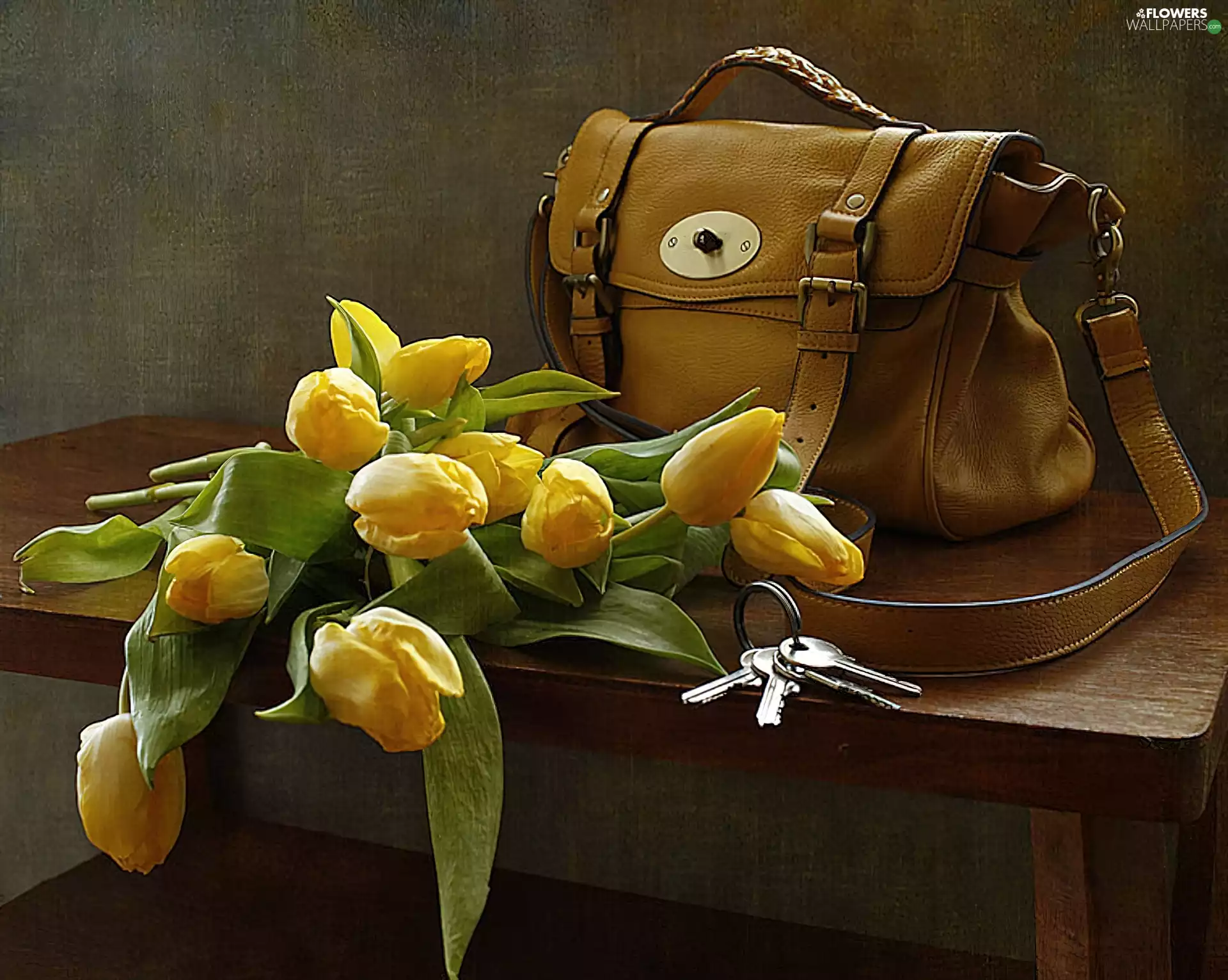 Purse, keys, Tulips, Leather, Yellow