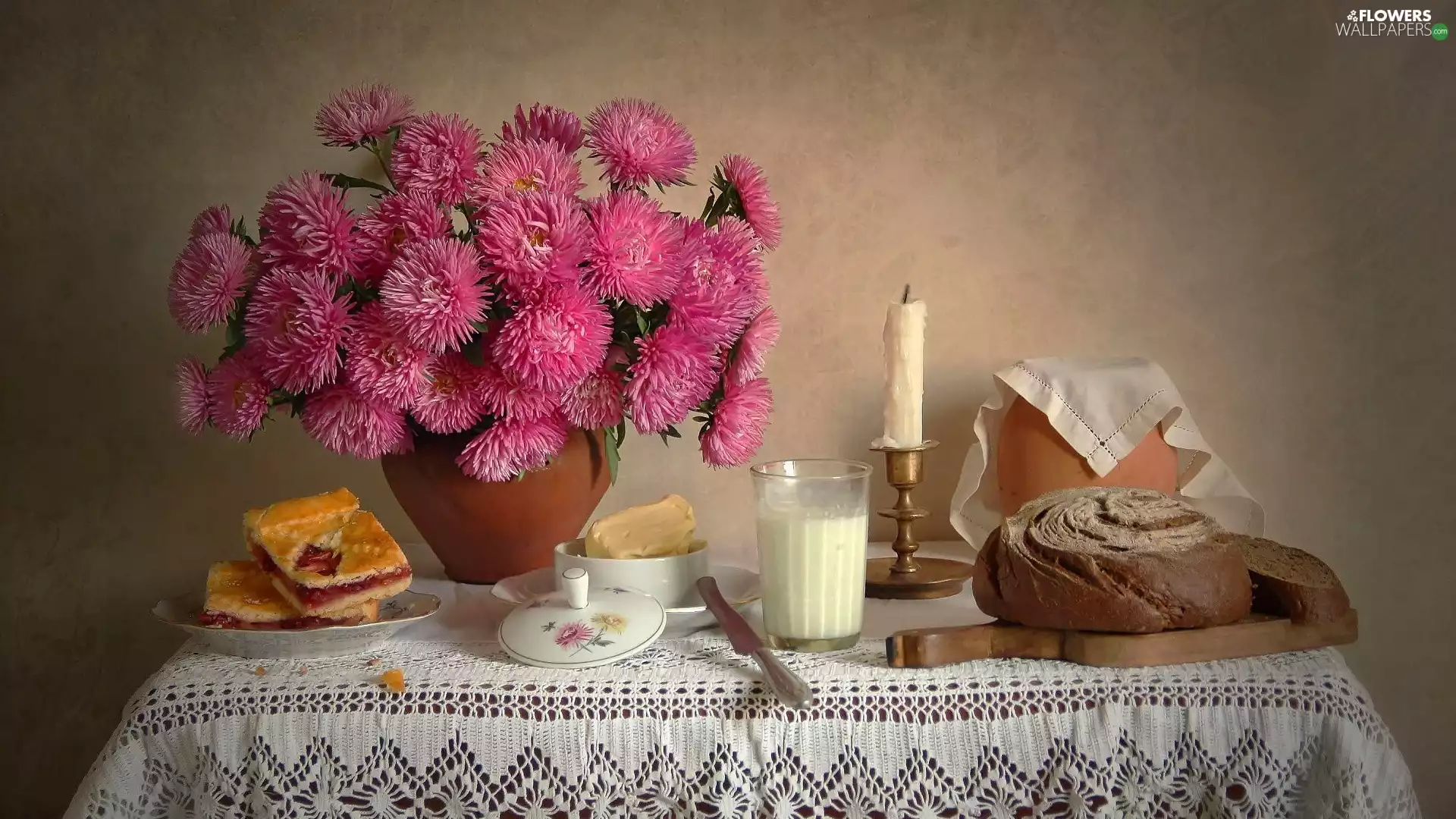 cake, composition, cup, bread, butter, tablecloth, knife, Astra, bouquet, Candle, milk