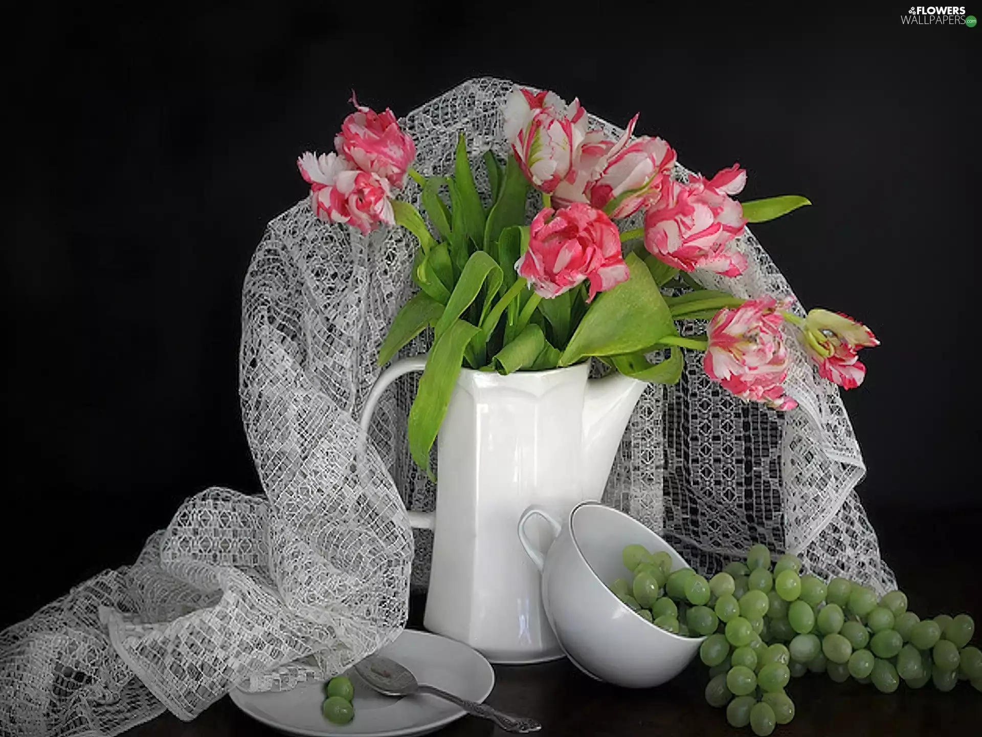 Grapes, lace, Tulips, cup, jug