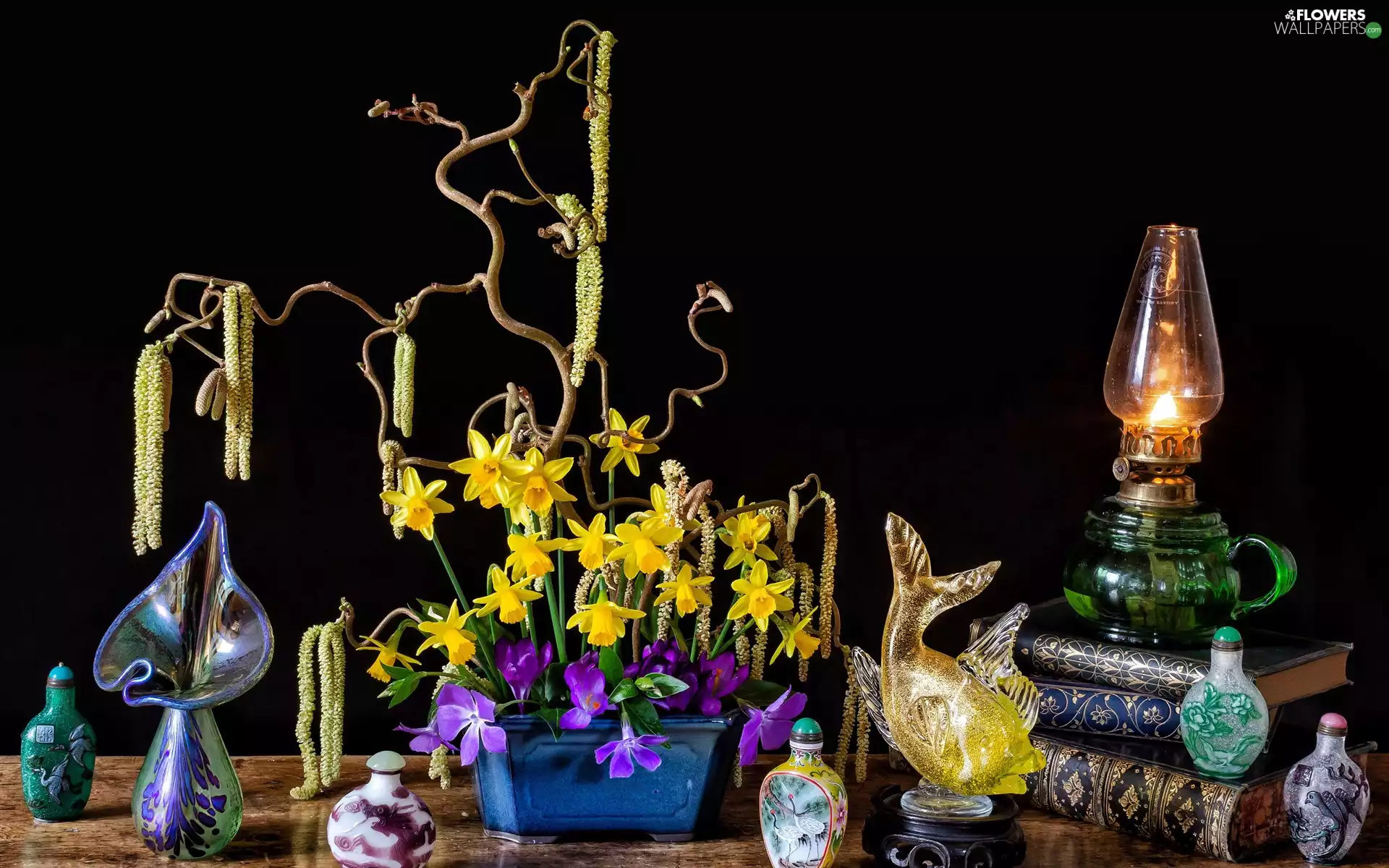 crocuses, Twigs, Bottles, hazel, Books, Daffodils, composition, Lamp